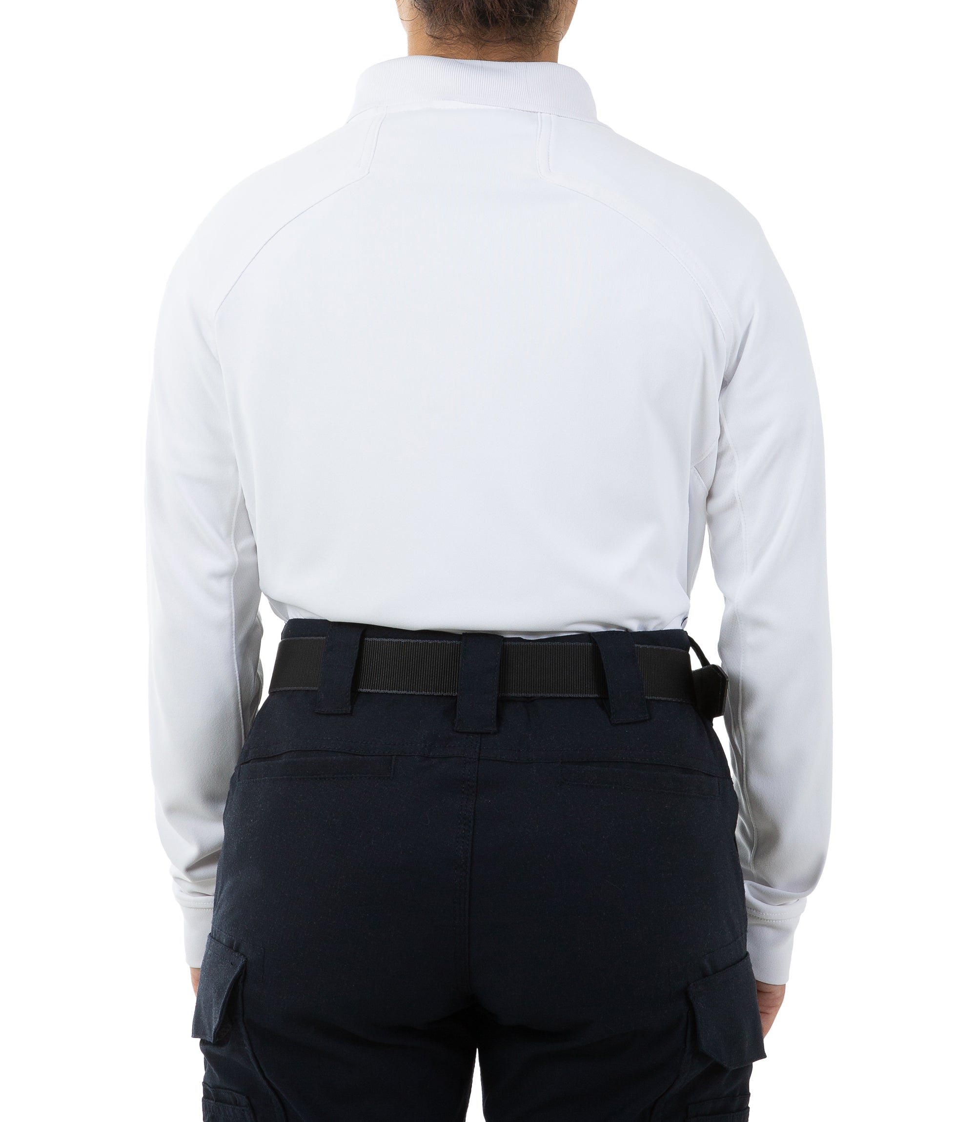 Back of Women's Performance Long Sleeve Polo in White |color_white