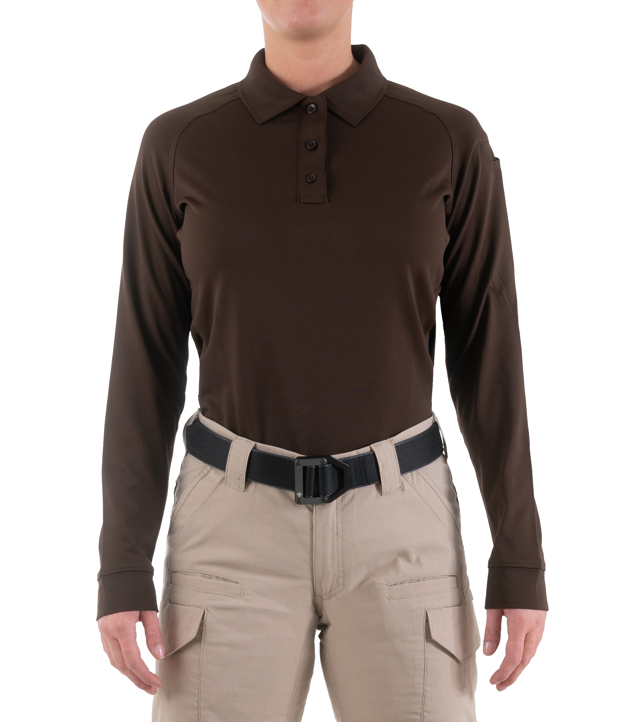 Front of Women's Performance Long Sleeve Polo in Kodiak Brown |color_kodiak brown