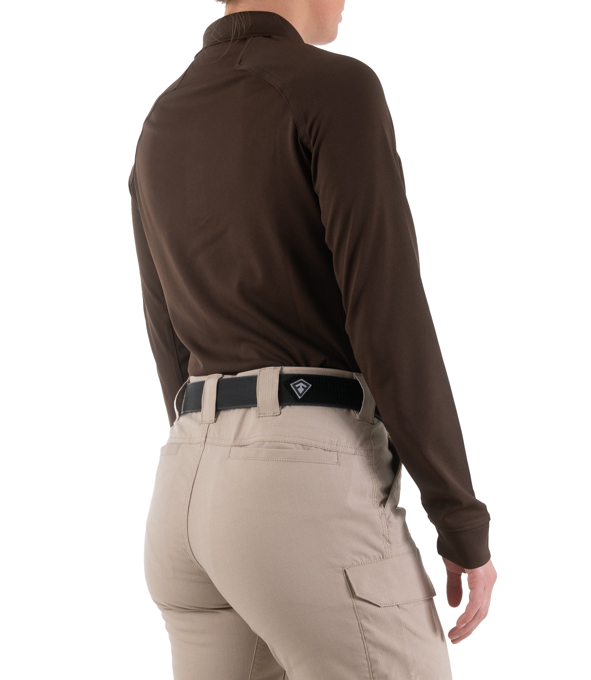 Side of Women's Performance Long Sleeve Polo in Kodiak Brown |color_kodiak brown