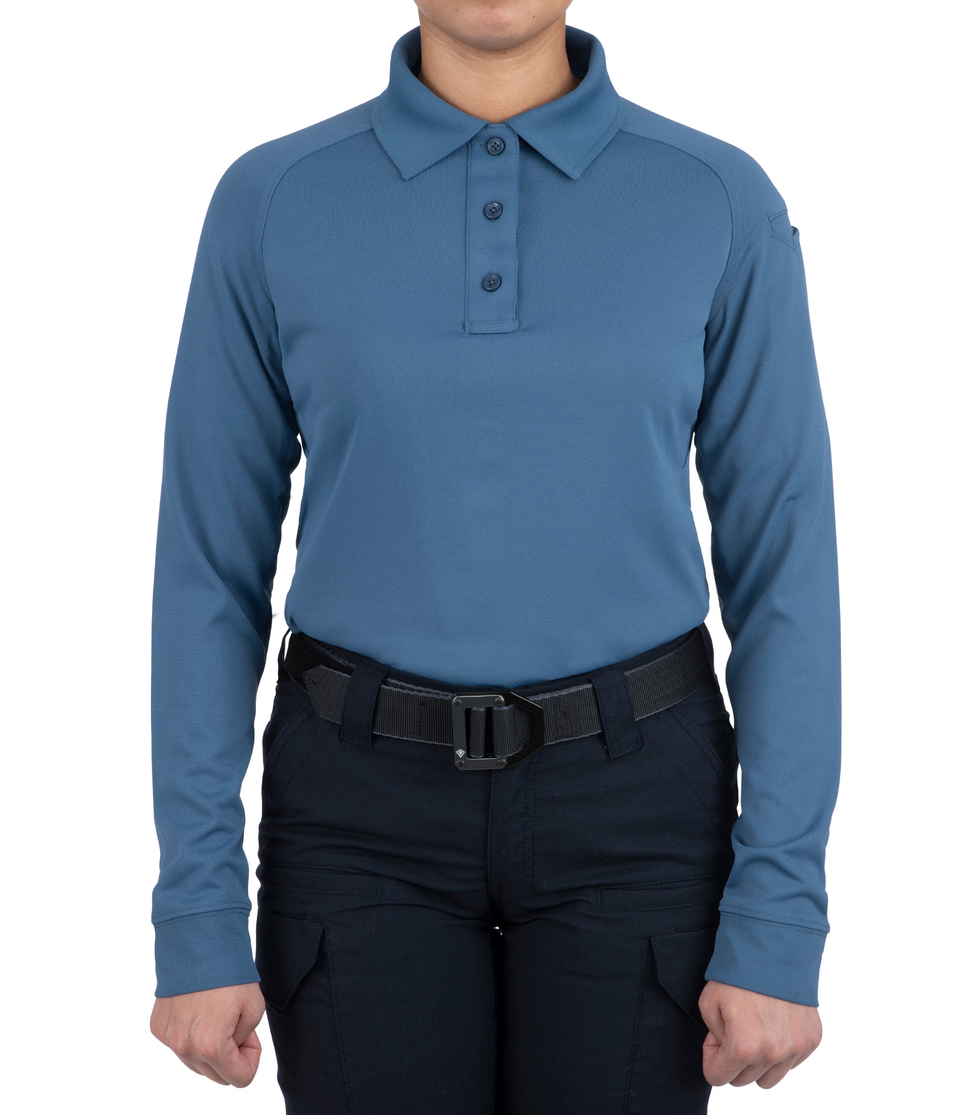 Front of Women's Performance Long Sleeve Polo in French Blue |color_french blue