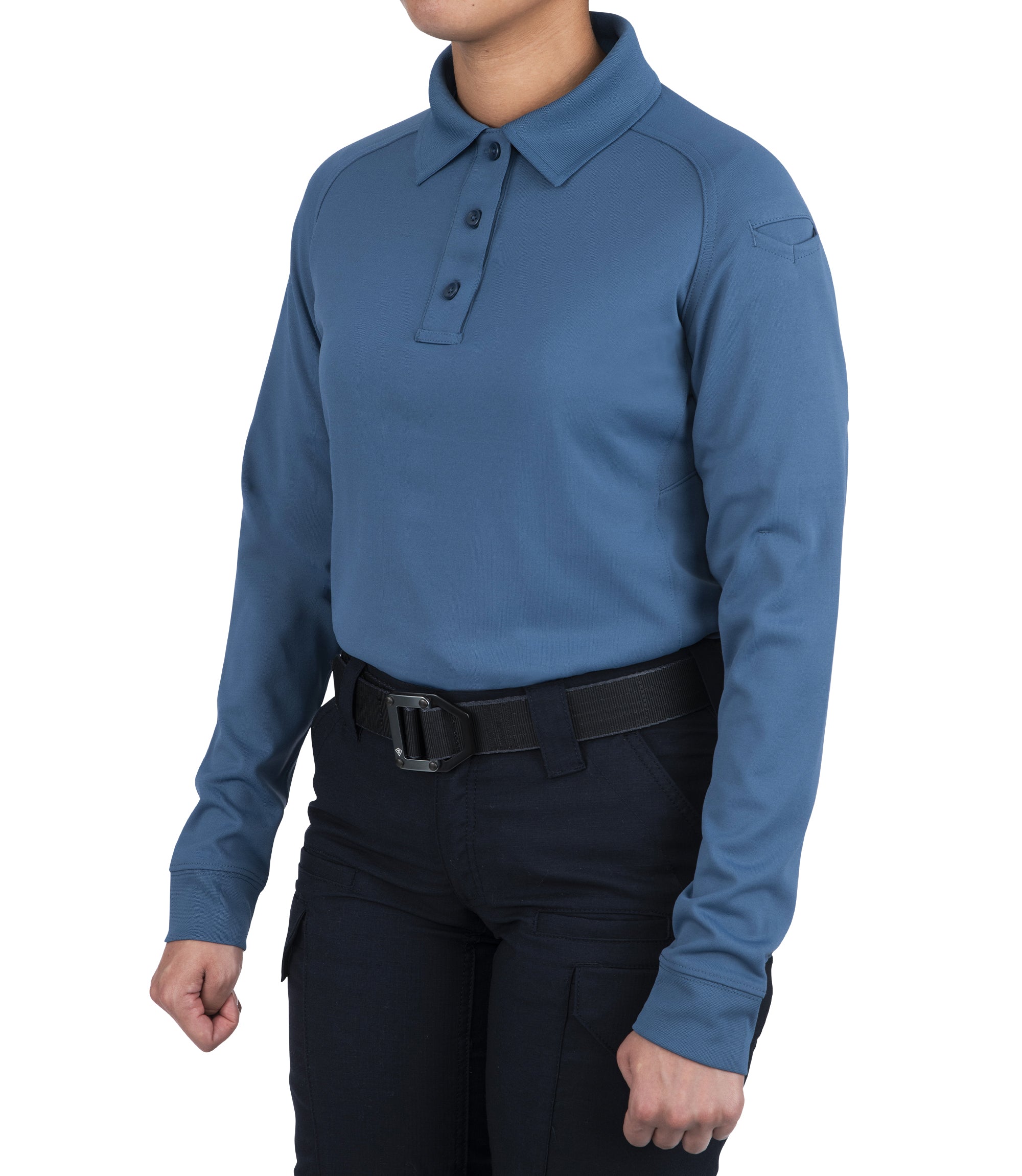 Side of Women's Performance Long Sleeve Polo in French Blue |color_french blue