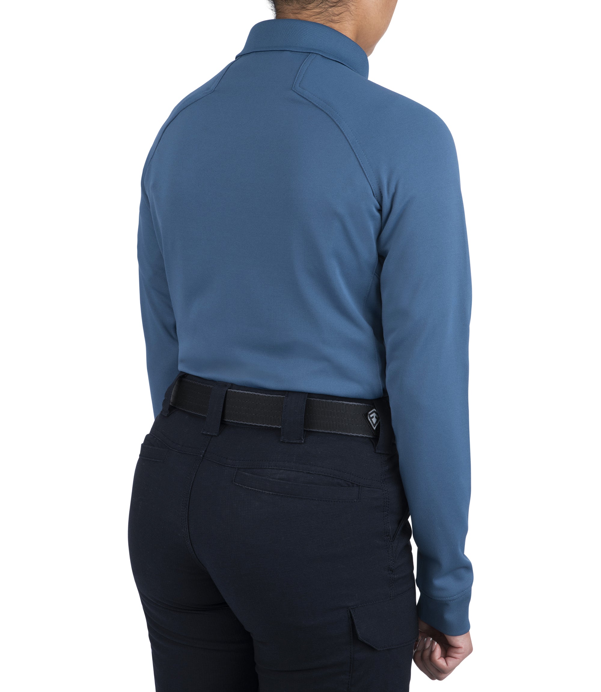 Side of Women's Performance Long Sleeve Polo in French Blue |color_french blue