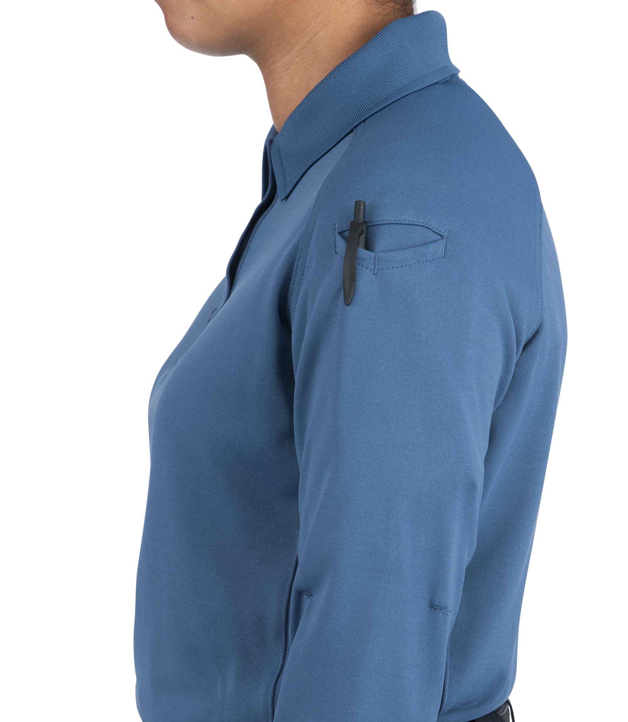 Side pen pocket of Women's Performance Long Sleeve Polo in French Blue |color_french blue