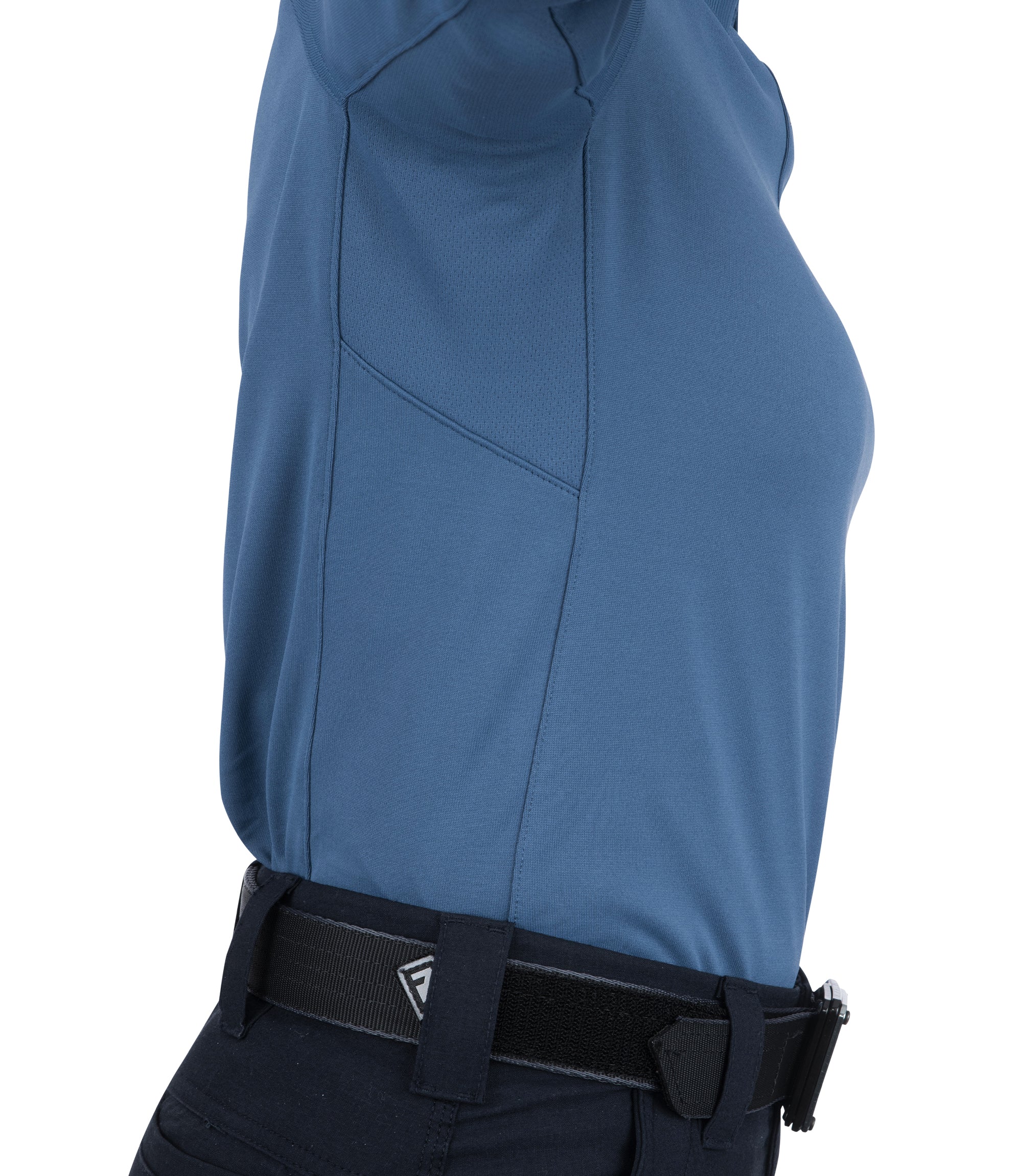 Side arm extended up of Women's Performance Long Sleeve Polo in French Blue |color_french blue