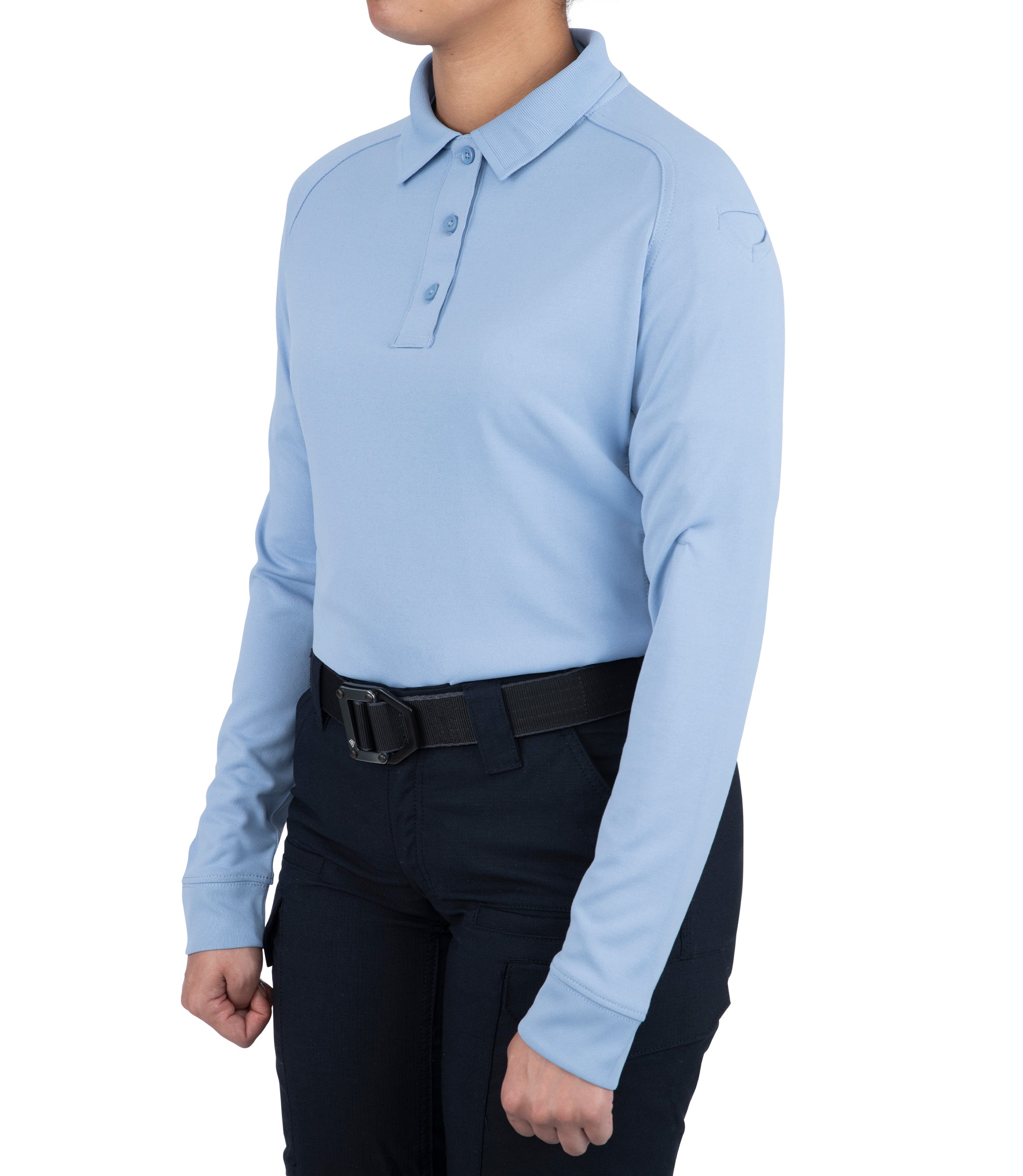 Side of Women's Performance Long Sleeve Polo in Medium Blue |color_medium blue