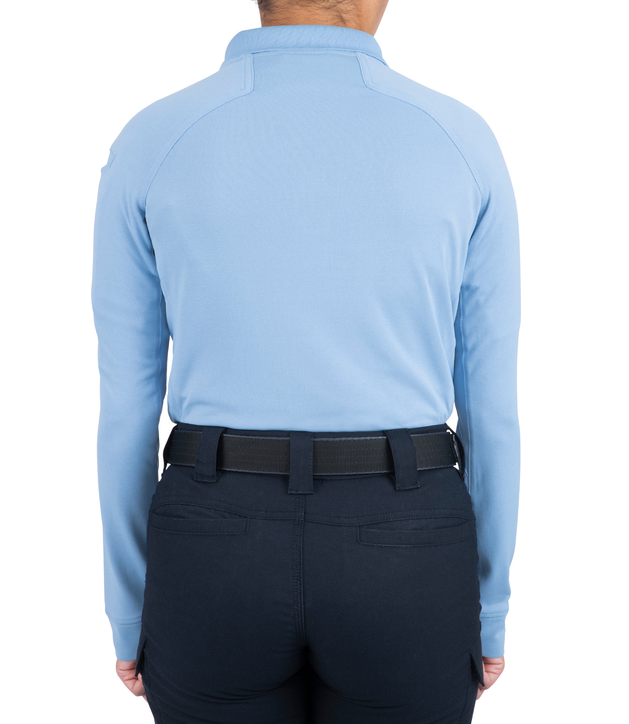Back of Women's Performance Long Sleeve Polo in Medium Blue |color_medium blue