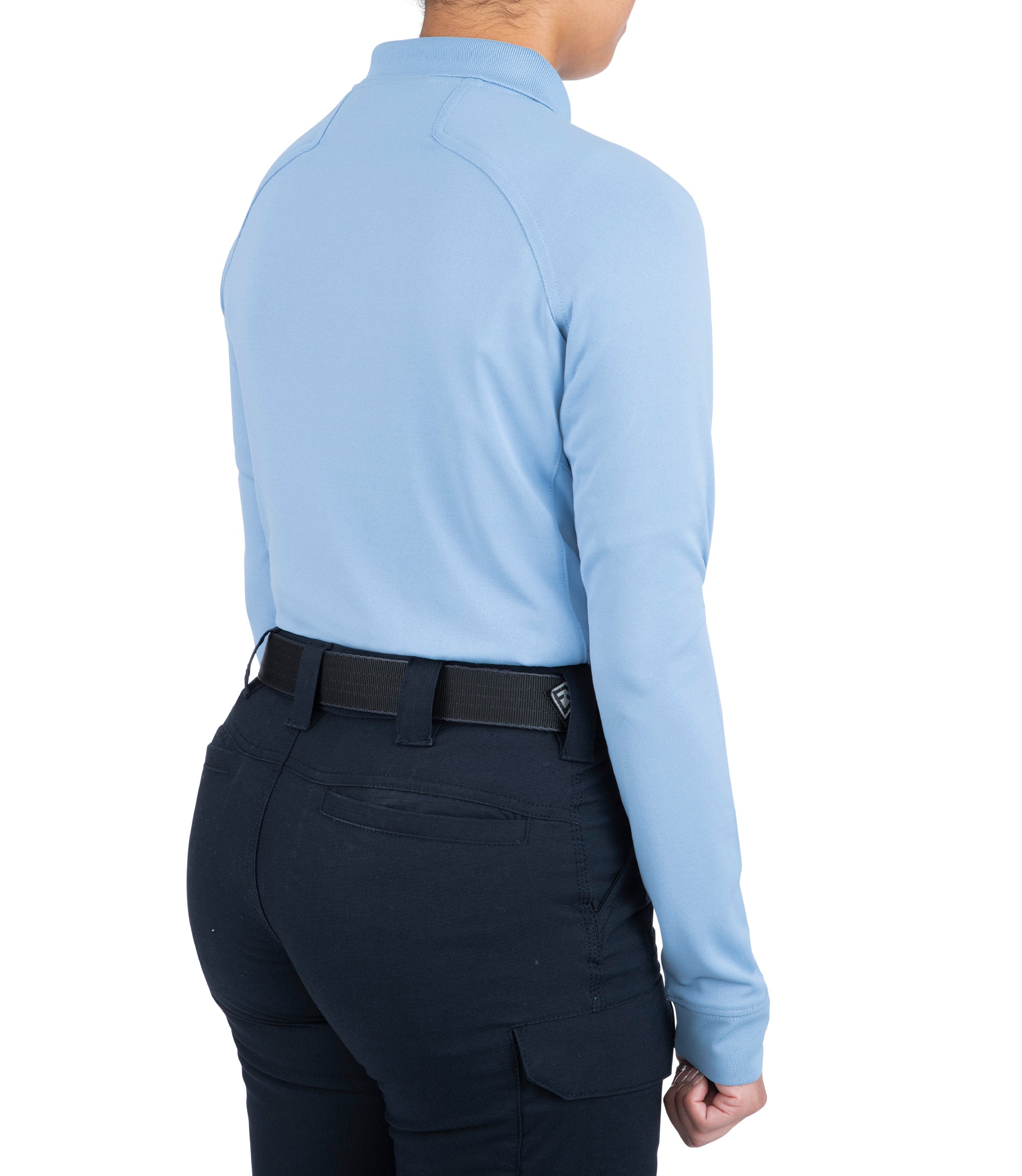 Side of Women's Performance Long Sleeve Polo in Medium Blue |color_medium blue