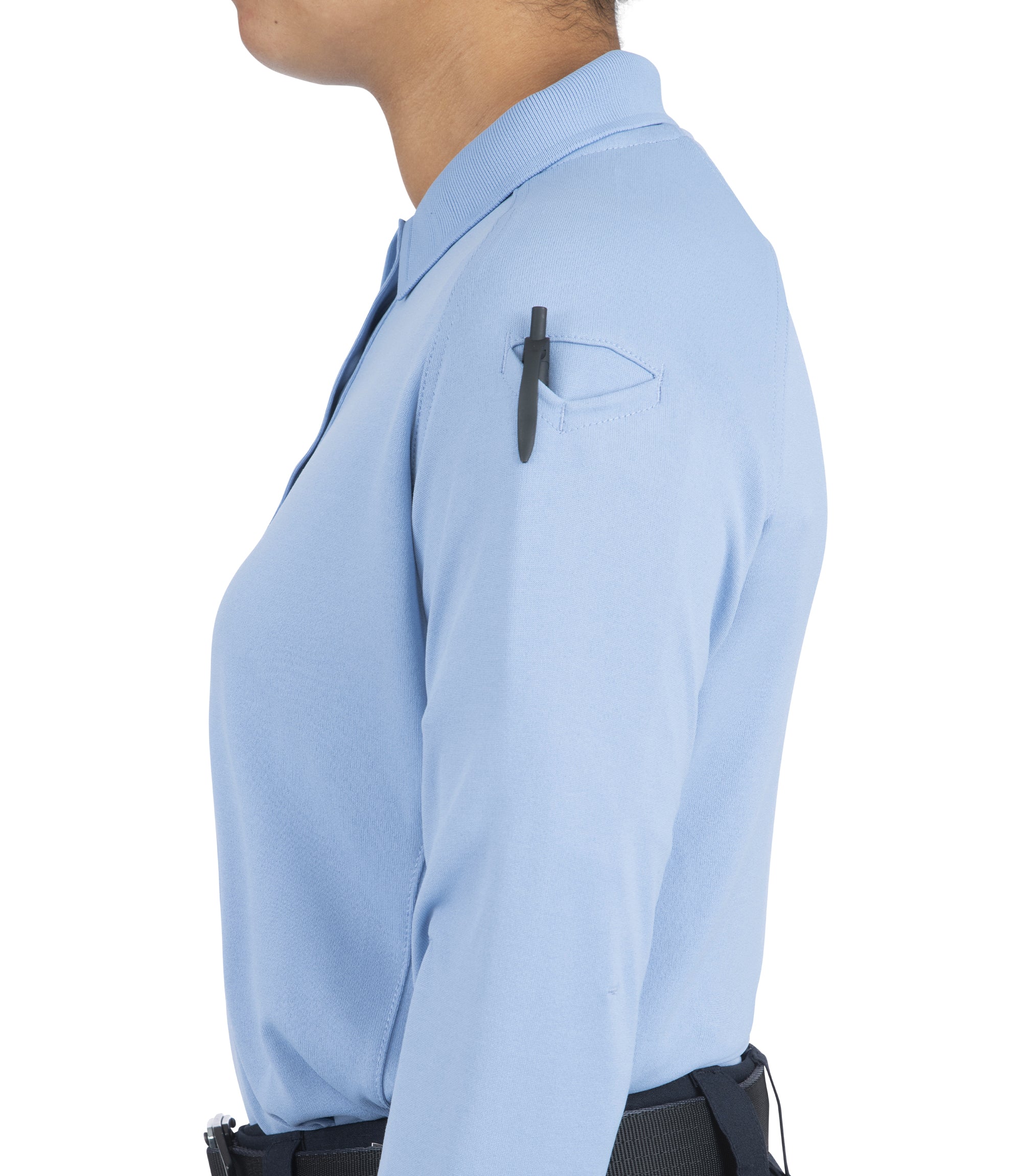Side pen pocket of Women's Performance Long Sleeve Polo in Medium Blue |color_medium blue