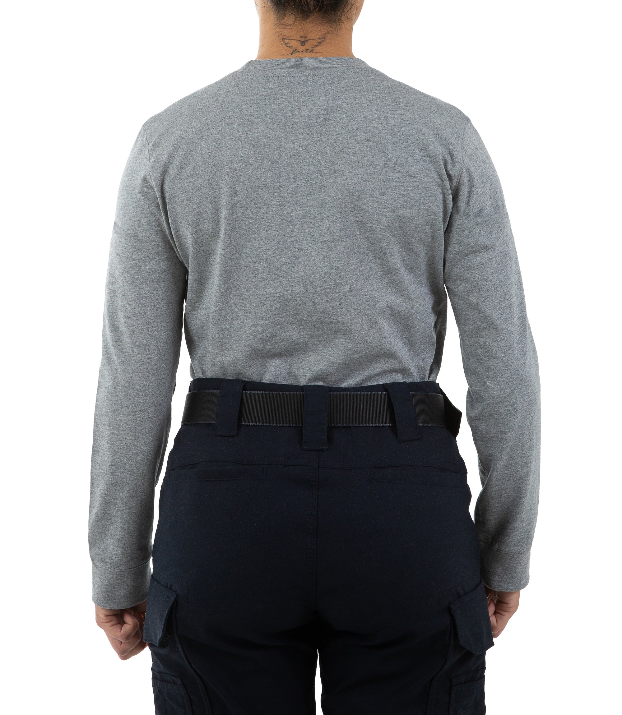 Back view of Women's Tactix Cotton Long Sleeve T-Shirt in Heather Grey |color_heather grey
