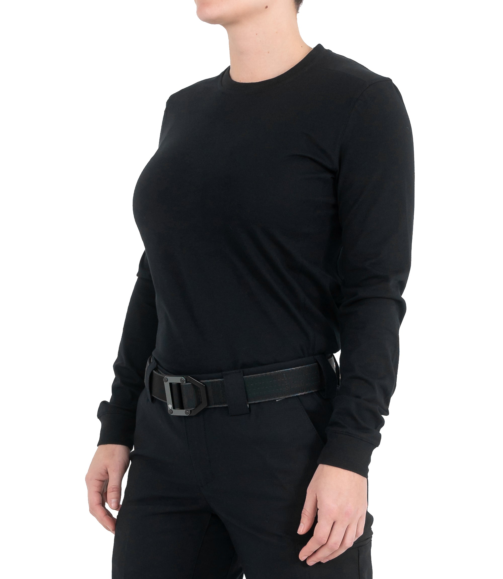 Left front side view of Women's Tactix Cotton Long Sleeve T-Shirt in Black |color_black