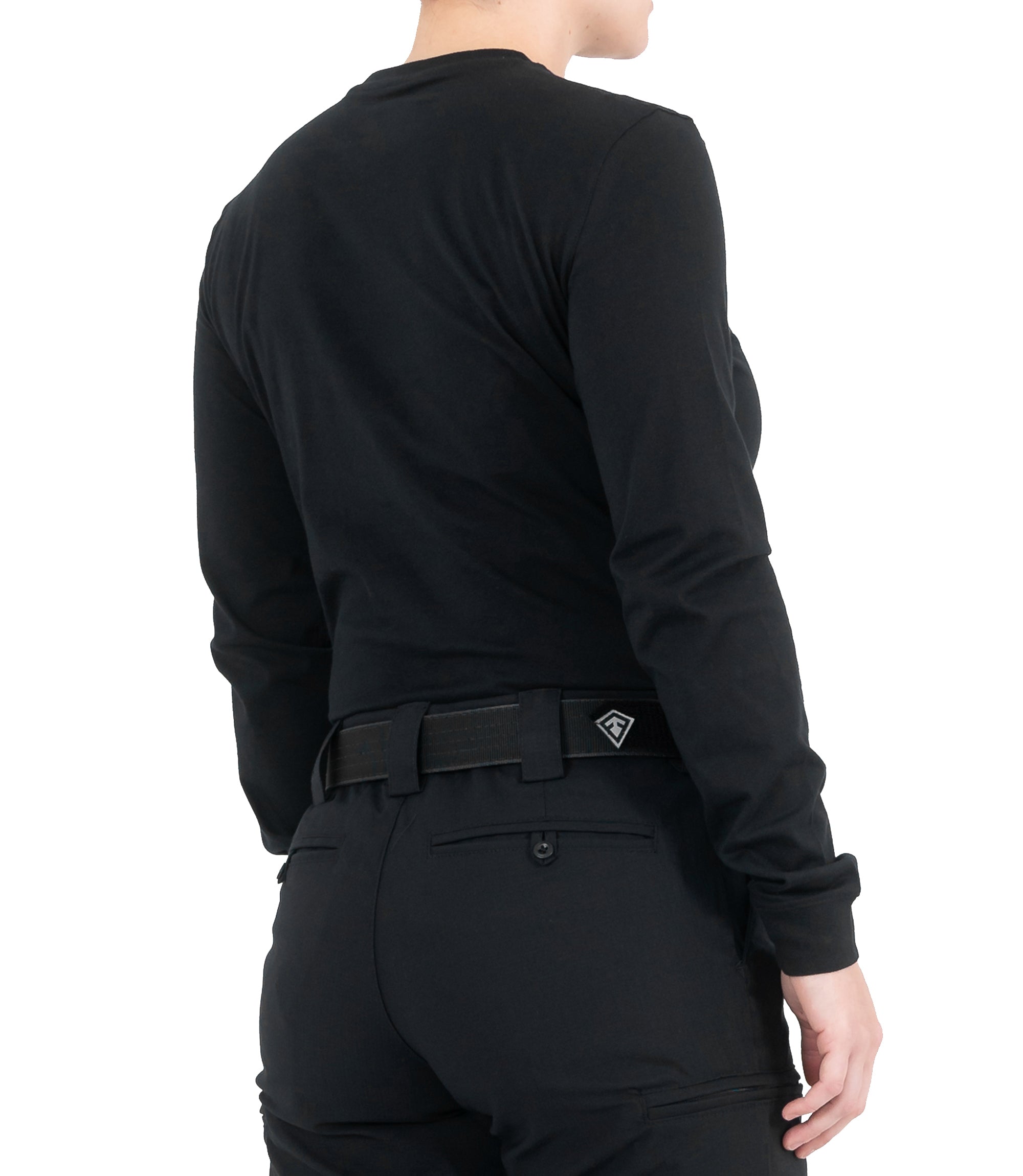 Right back side view of Women's Tactix Cotton Long Sleeve T-Shirt in Black |color_black