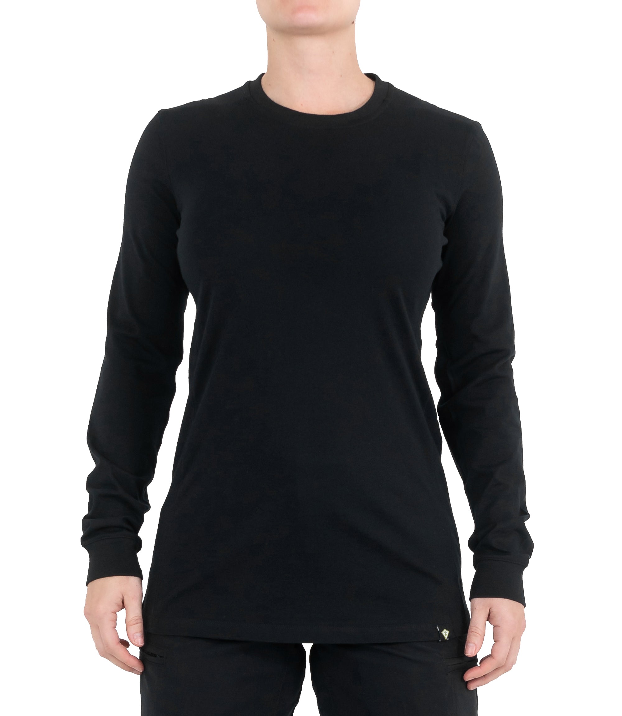Untucked front view of Women's Tactix Cotton Long Sleeve T-Shirt in Black |color_black