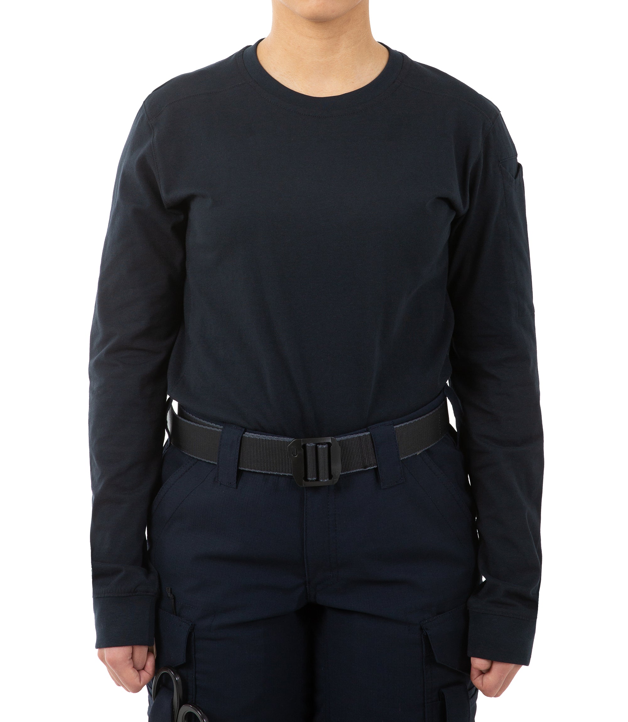 Front view of Women's Tactix Cotton Long Sleeve T-Shirt with Pen Pocket in Midnight Navy |color_midnight navy