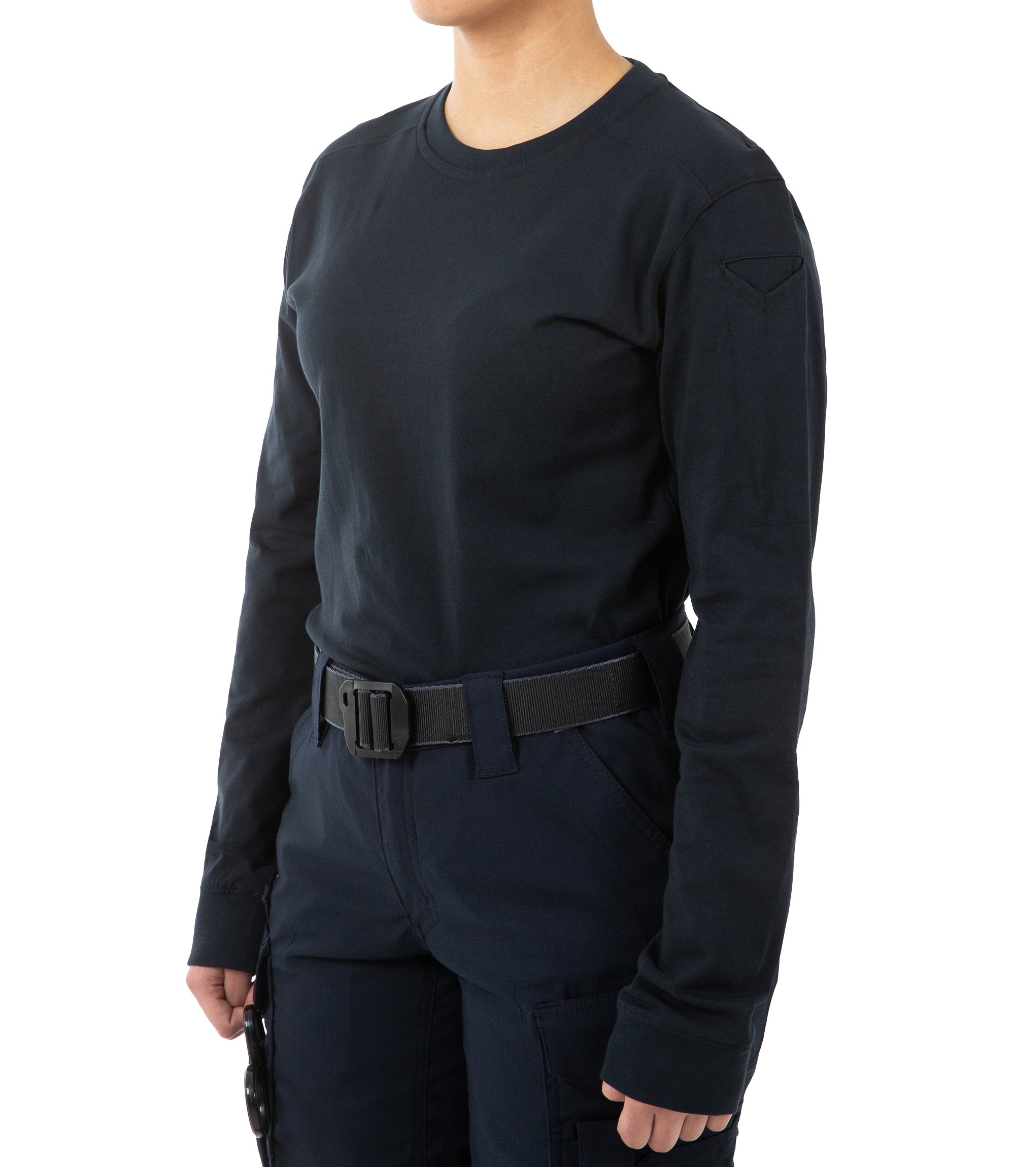 Left front side view of Women's Tactix Cotton Long Sleeve T-Shirt with Pen Pocket in Midnight Navy |color_midnight navy
