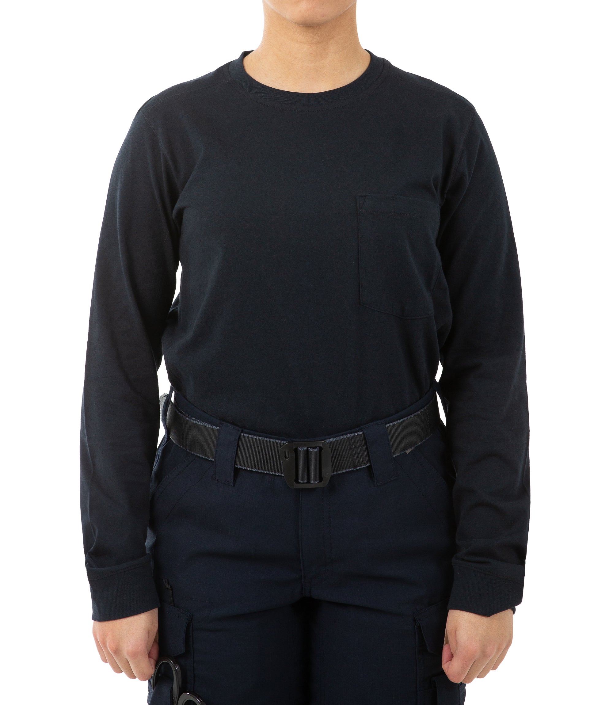 Front view of Women's Tactix Cotton Long Sleeve T-Shirt with Chest Pocket in Midnight Navy |color_midnight navy