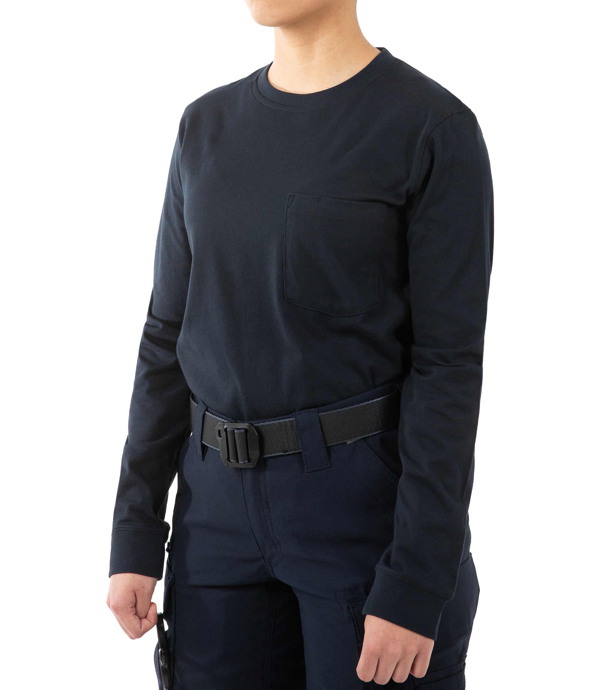 Left front side view of Women's Tactix Cotton Long Sleeve T-Shirt with Chest Pocket in Midnight Navy |color_midnight navy