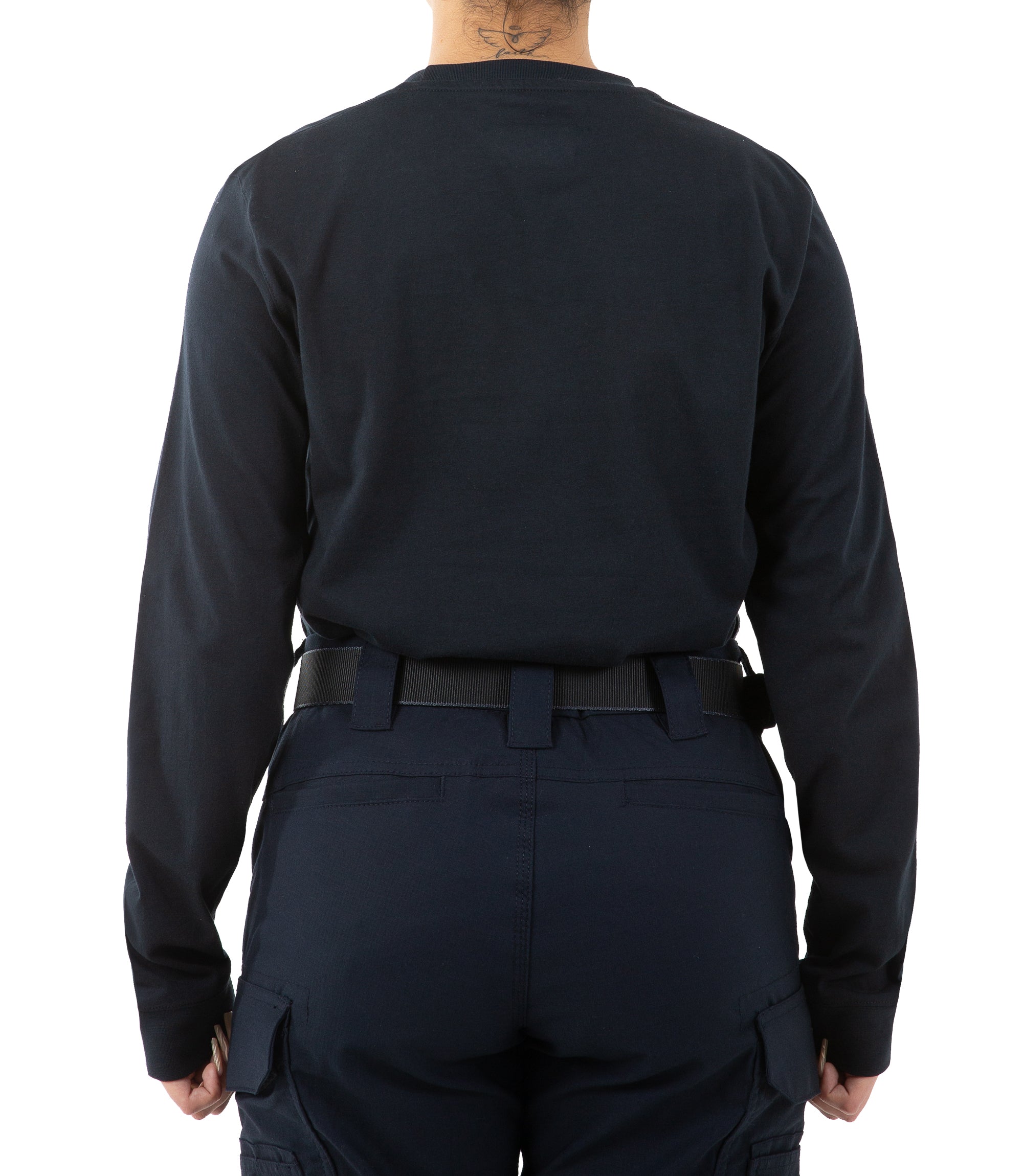 Back view of Women's Tactix Cotton Long Sleeve T-Shirt with Chest Pocket in Midnight Navy |color_midnight navy