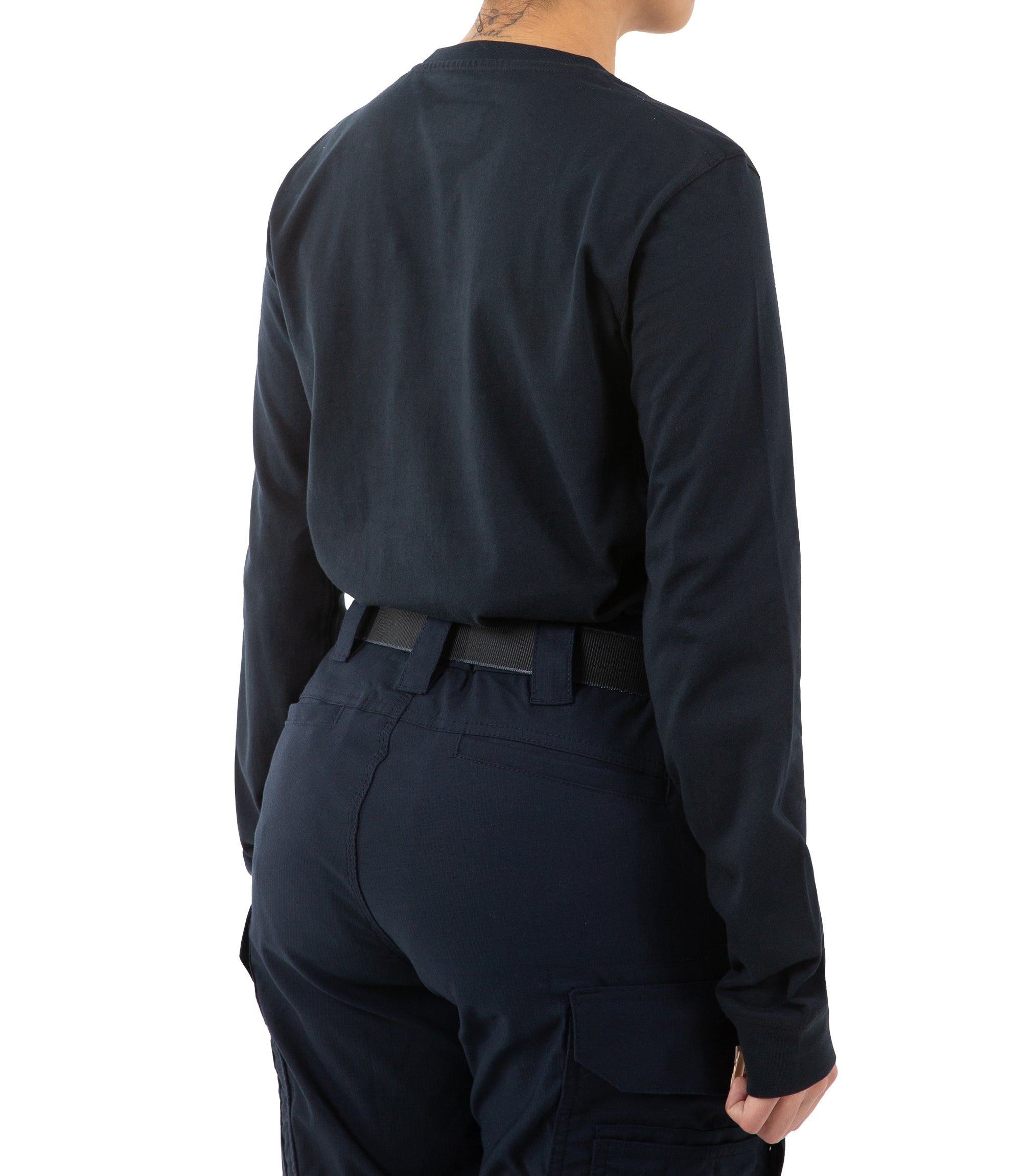 Right back side view of Women's Tactix Cotton Long Sleeve T-Shirt with Pen Pocket in Midnight Navy |color_midnight navy