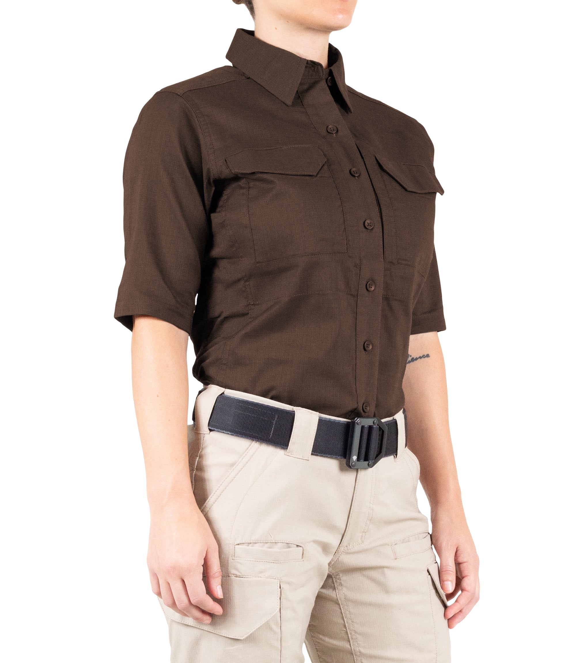 Side of Women's V2 Tactical Short Sleeve Shirt in Brown |color_brown