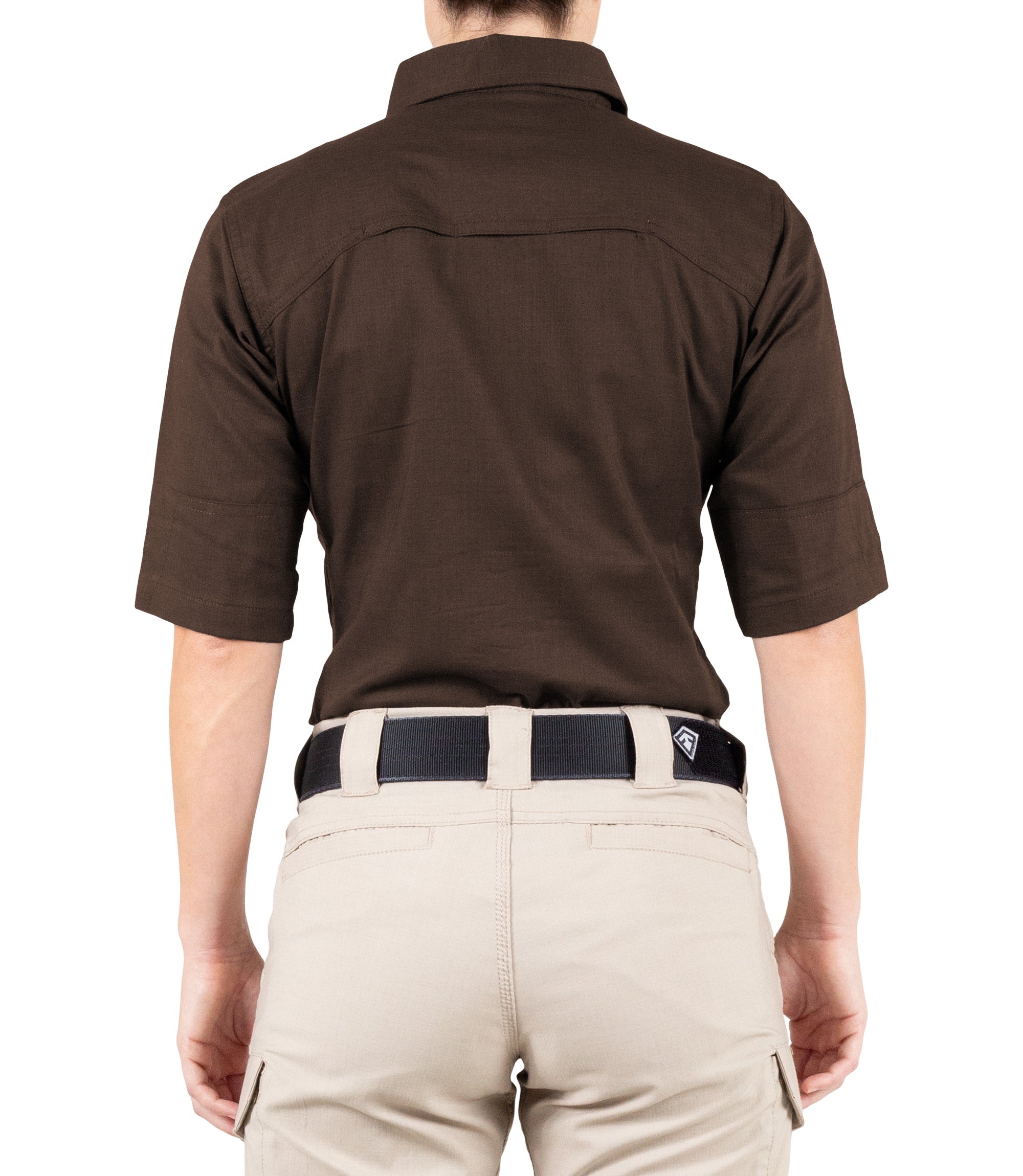 Back of Women's V2 Tactical Short Sleeve Shirt in Brown |color_brown