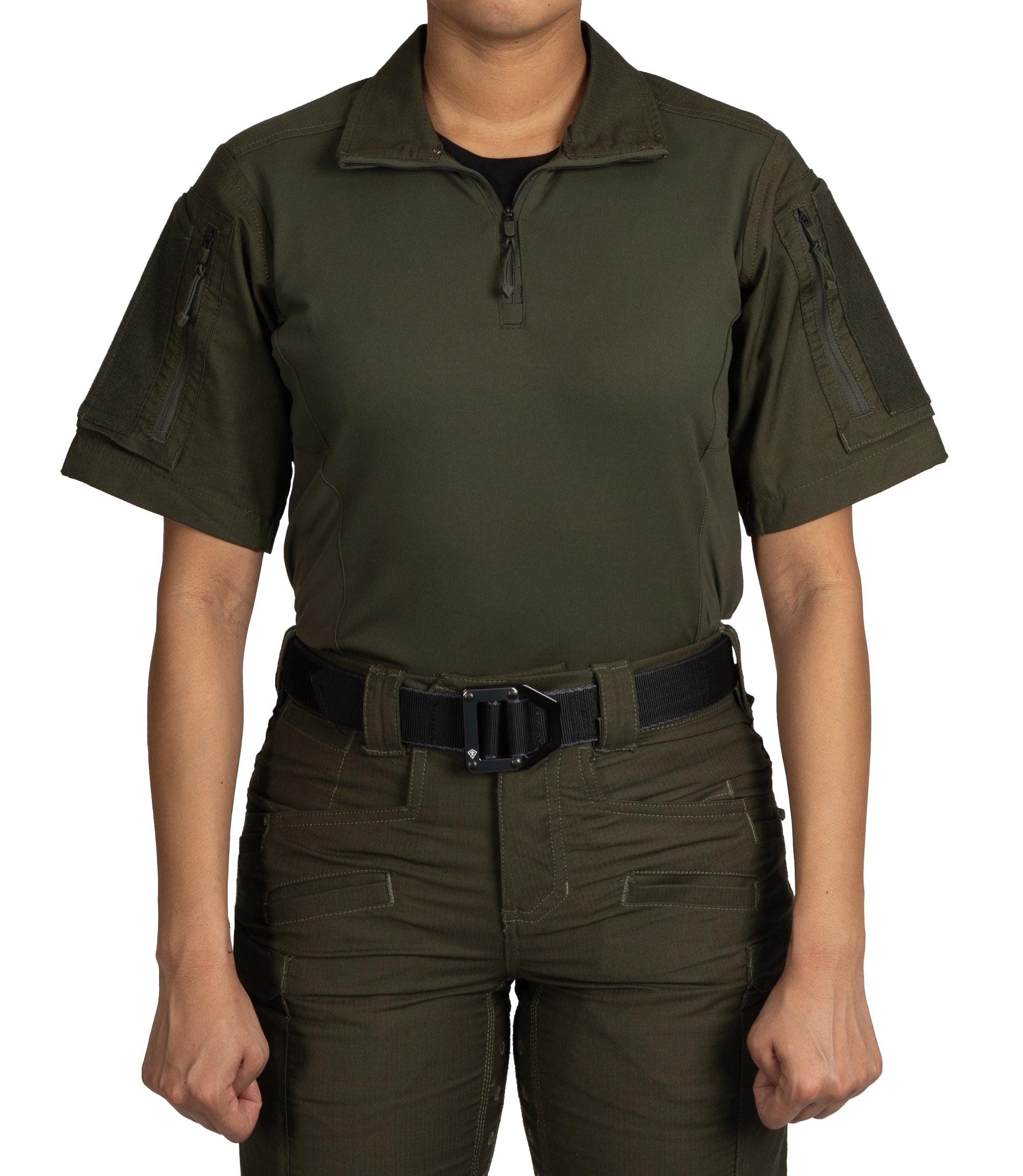 Front of Women's Defender Short Sleeve Shirt in OD Green |color_od green