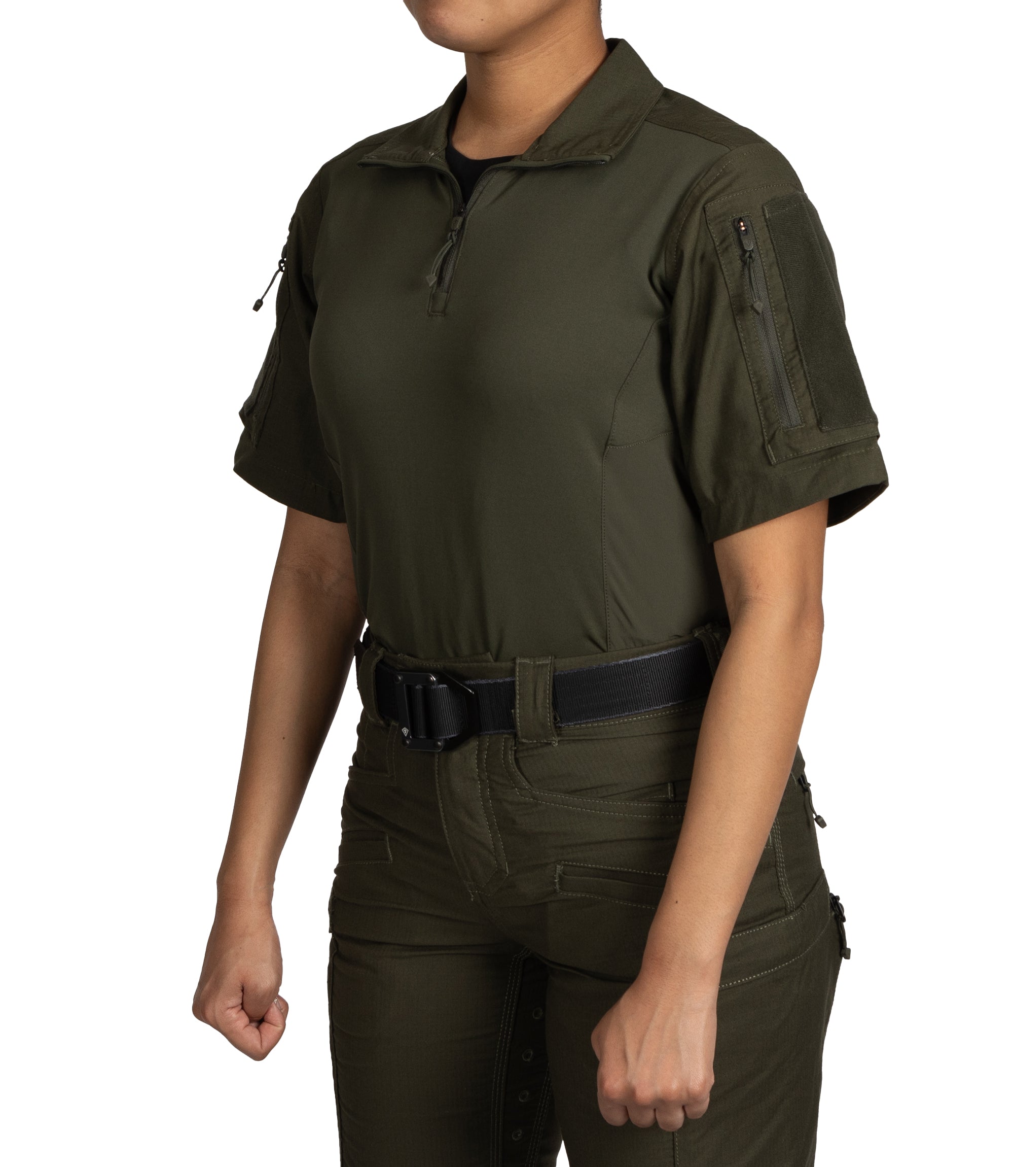 Front Side of Women's Defender Short Sleeve Shirt in OD Green |color_od green