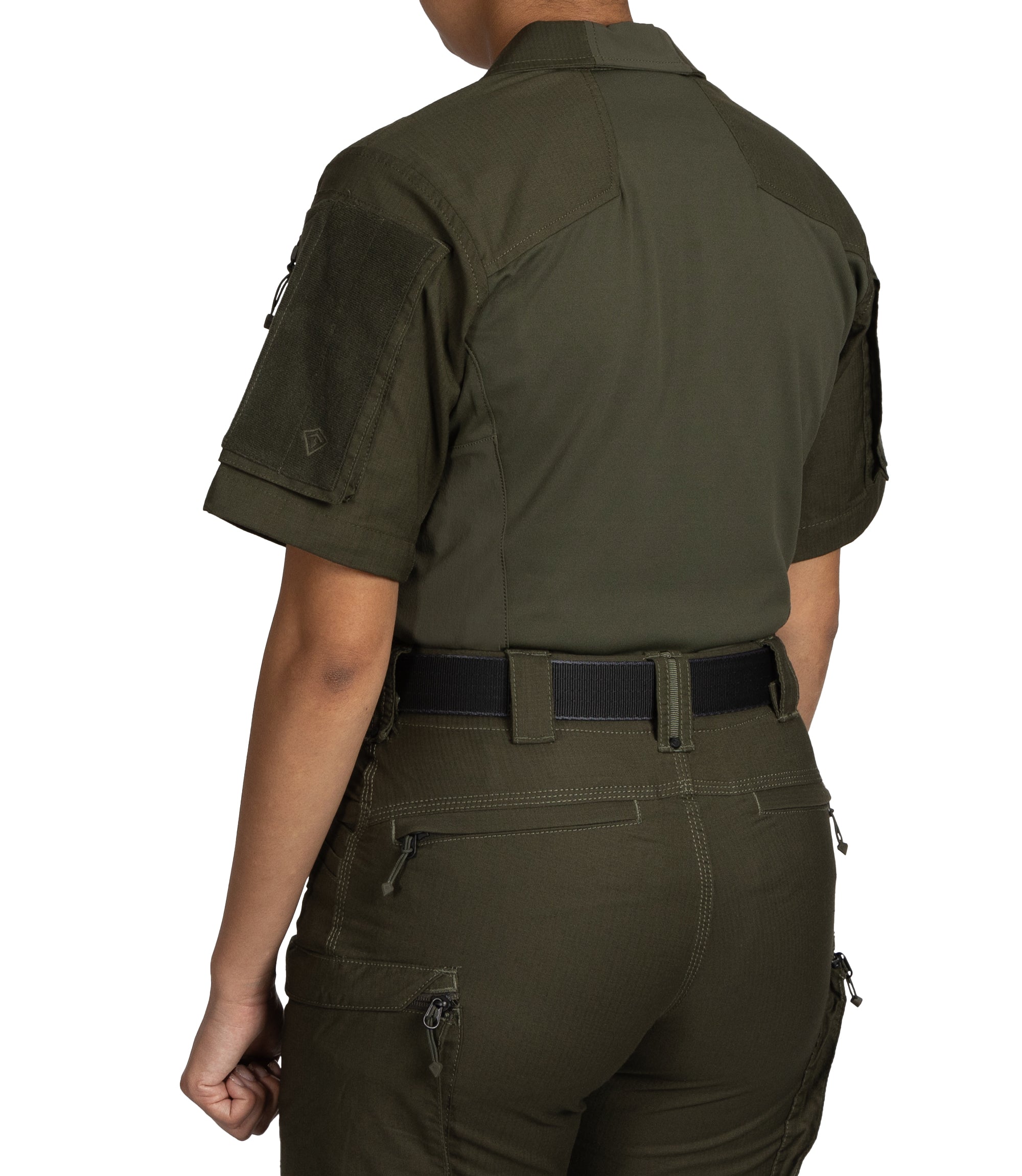Back Side of Women's Defender Short Sleeve Shirt in OD Green |color_od green