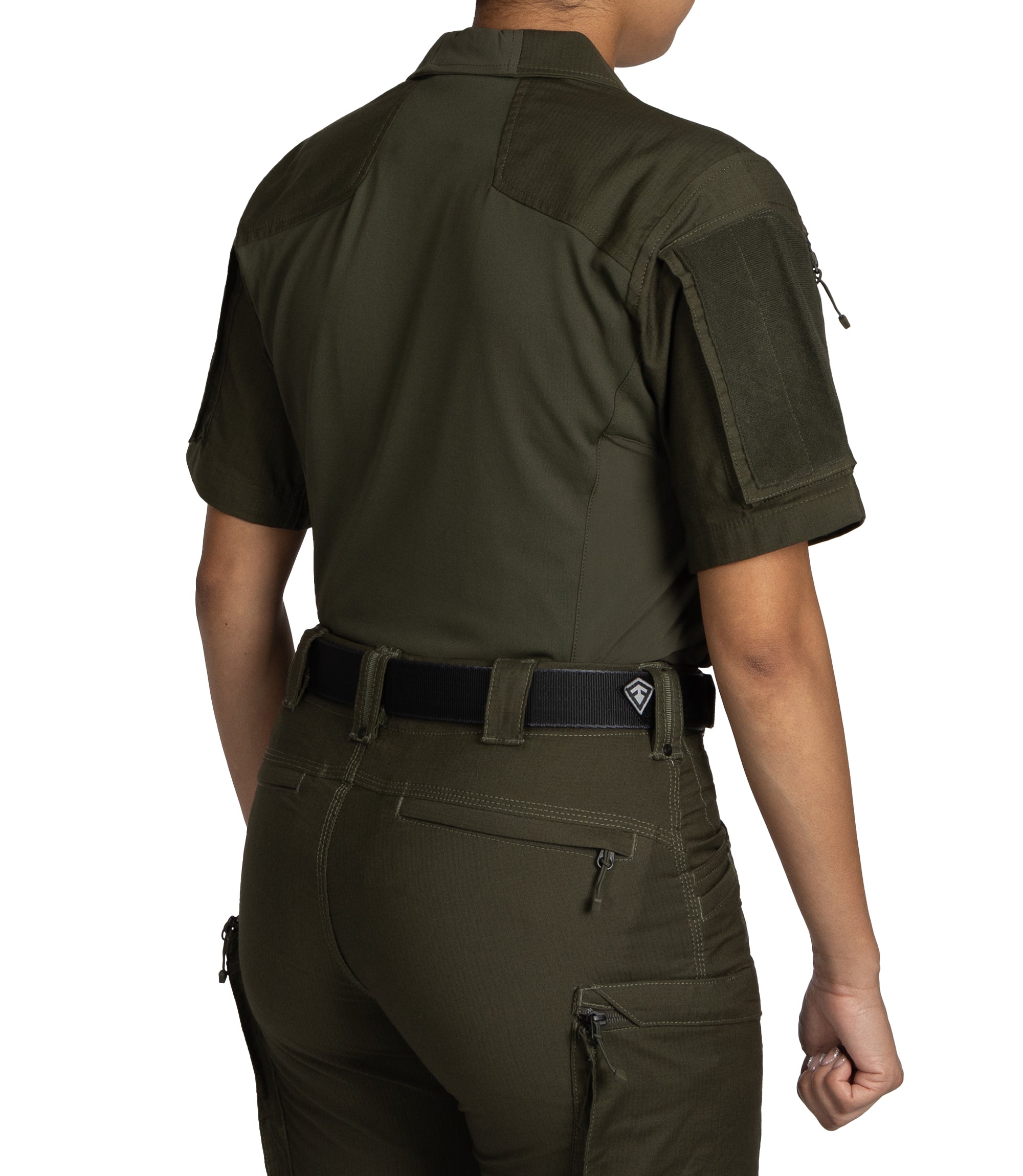Back Side of Women's Defender Short Sleeve Shirt in OD Green |color_od green