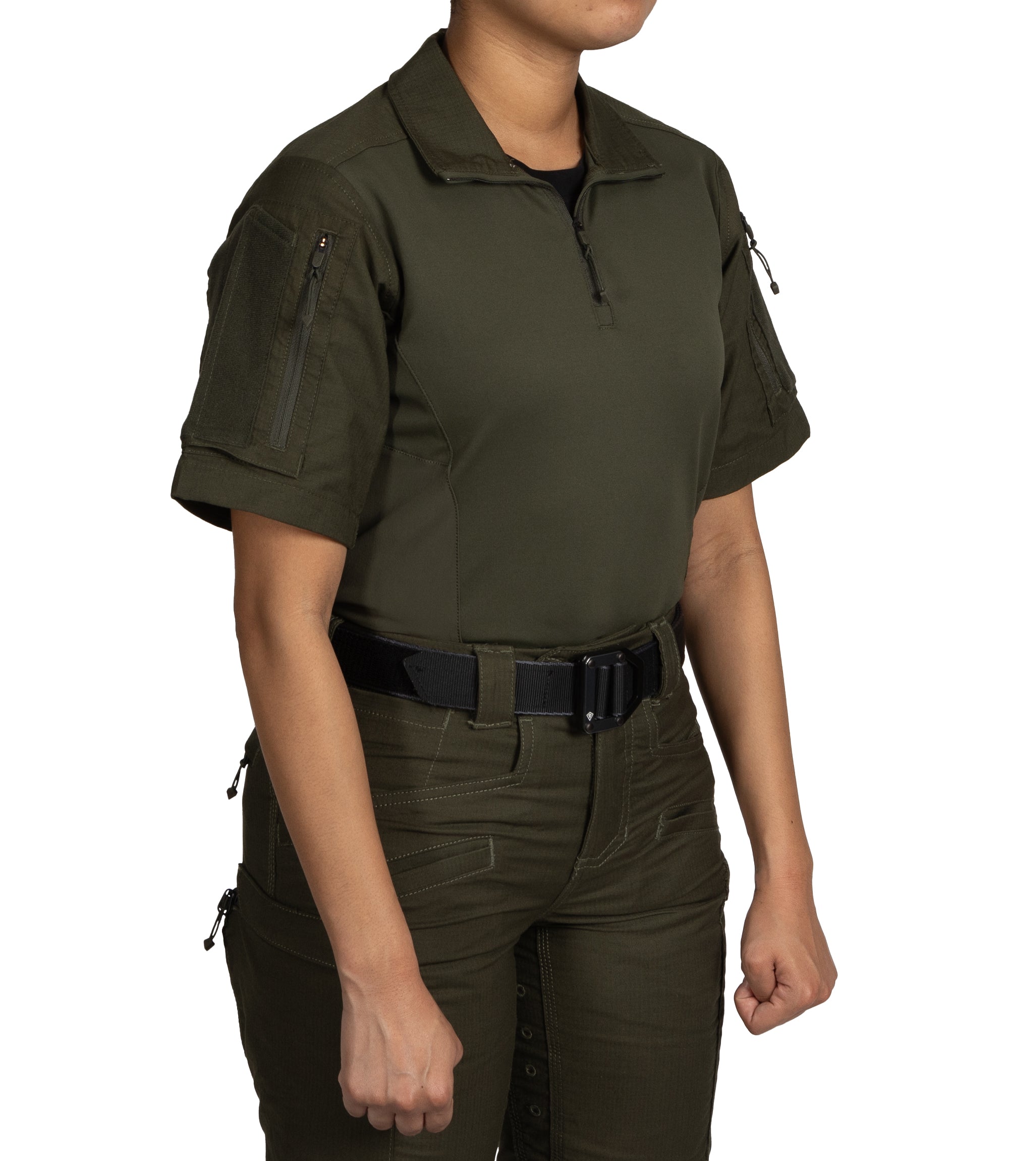 Front Side of Women's Defender Short Sleeve Shirt in OD Green |color_od green