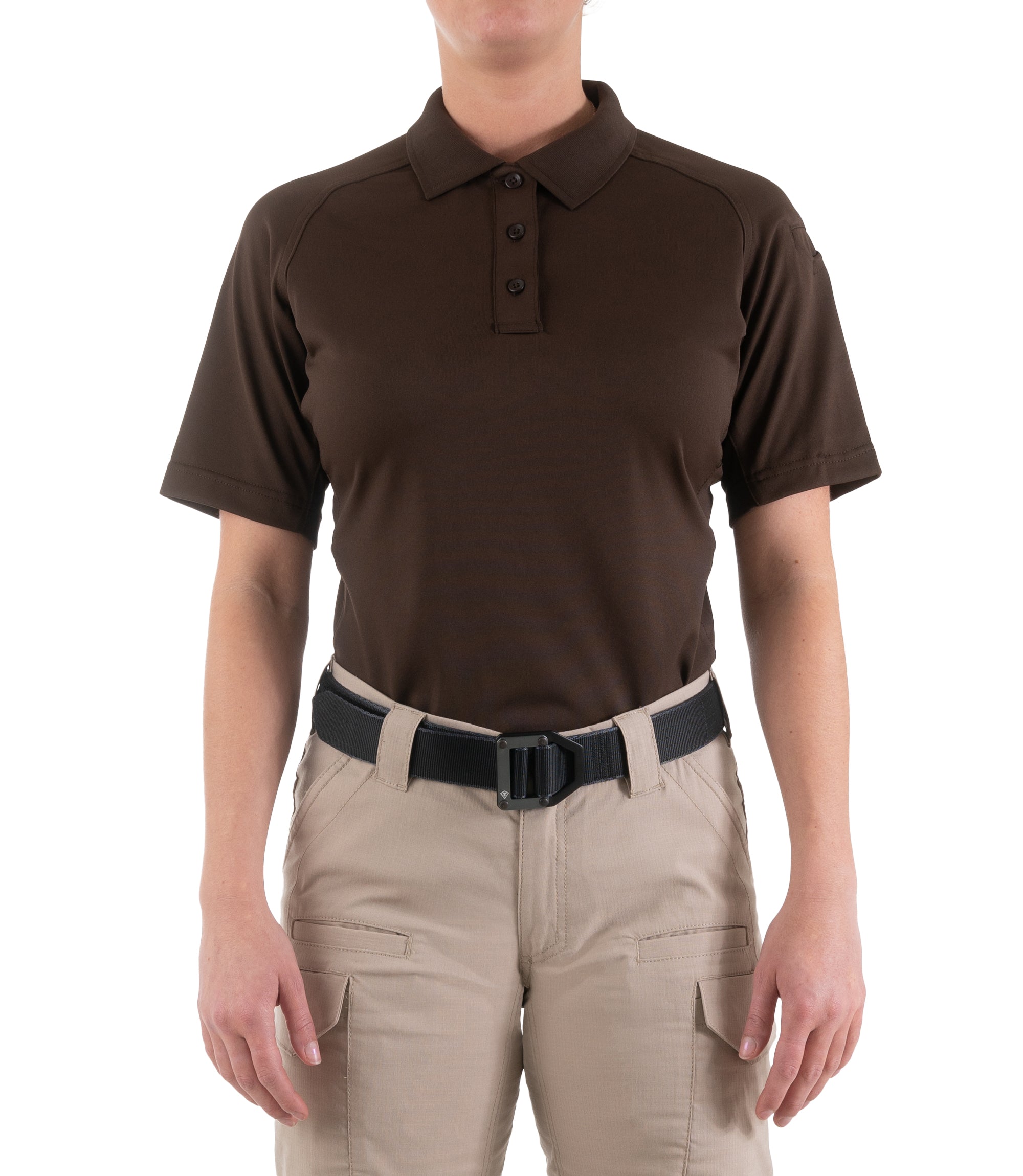 Front of Women's Performance Short Sleeve Polo in Kodiak Brown |color_kodiak brown