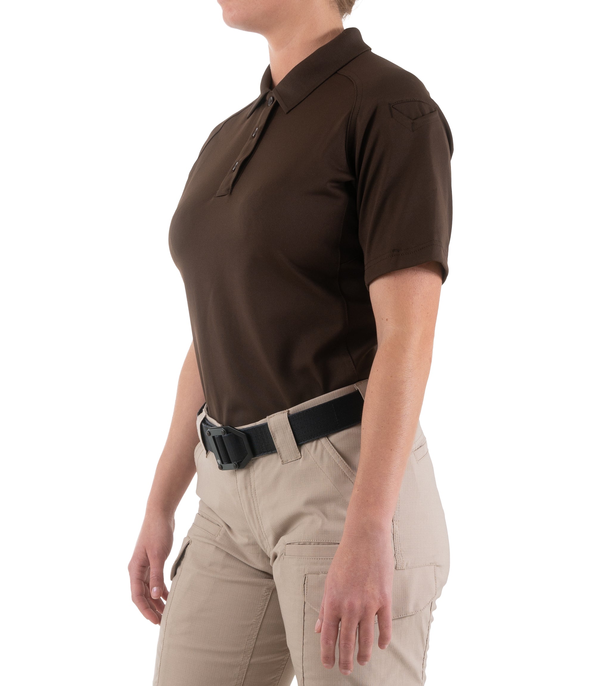 Side of Women's Performance Short Sleeve Polo in Kodiak Brown |color_kodiak brown