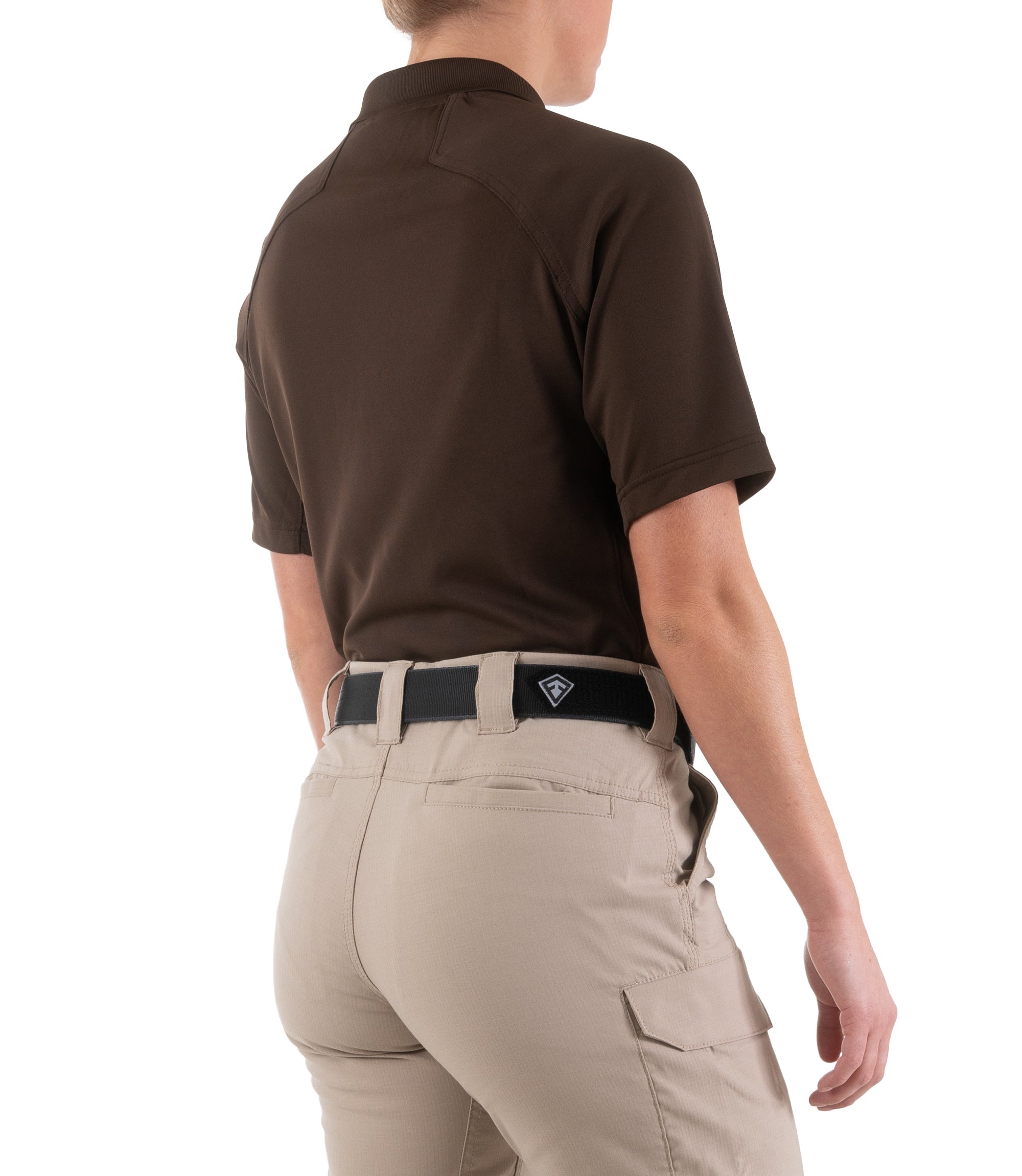 Side of Women's Performance Short Sleeve Polo in Kodiak Brown |color_kodiak brown