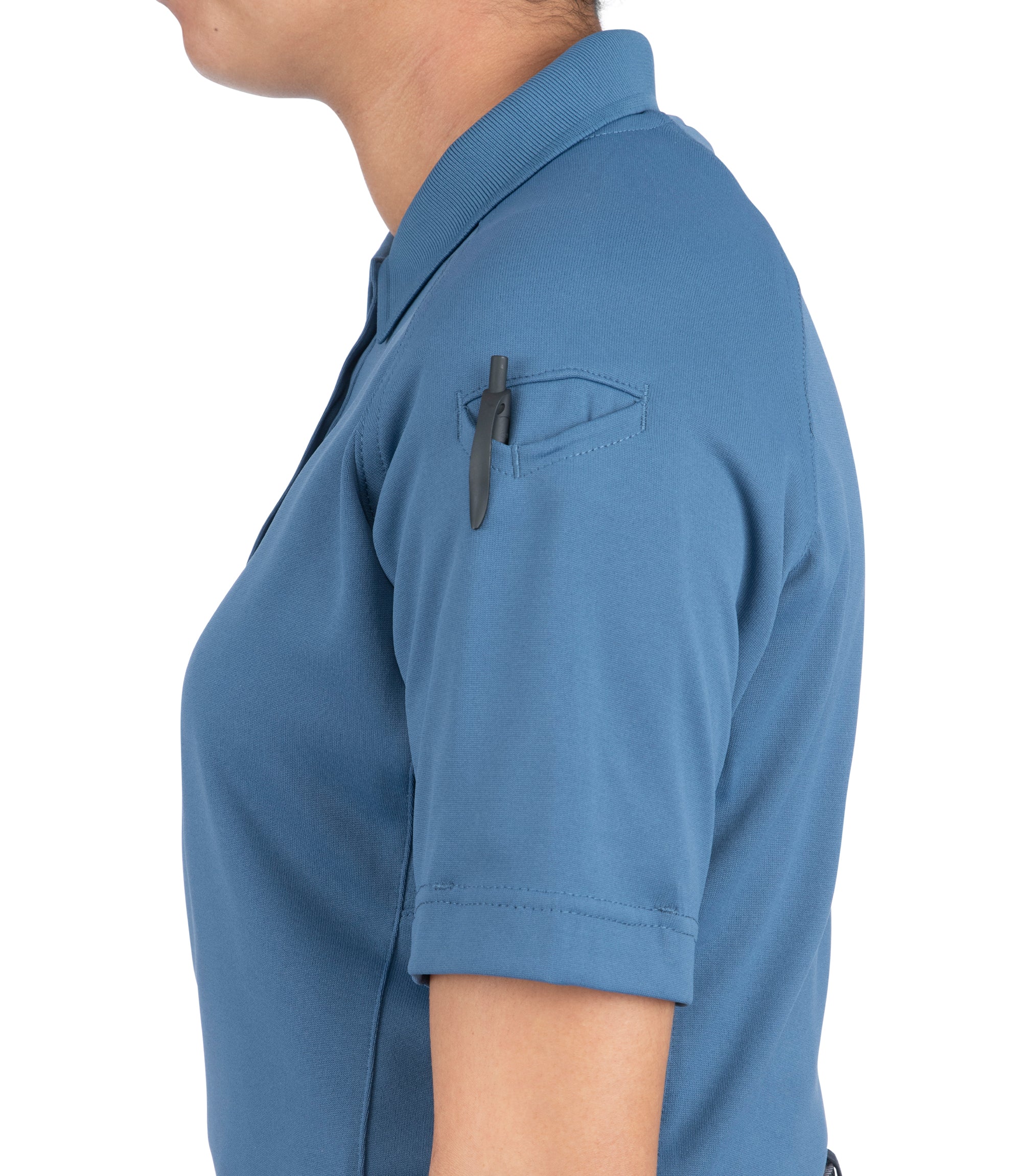 Side pen pocket of Women's Performance Short Sleeve Polo in French Blue |color_french blue
