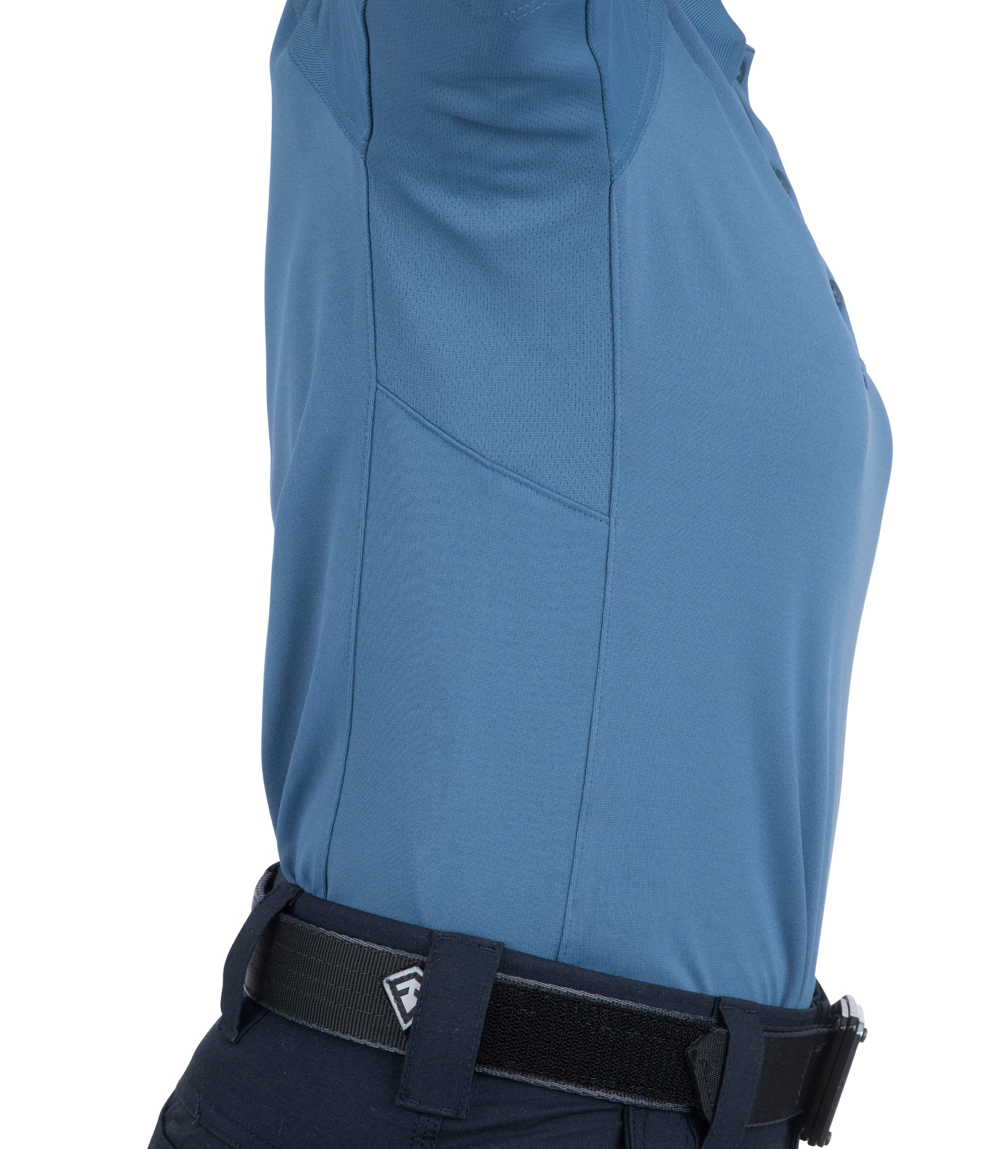 Side arm extended up of Women's Performance Short Sleeve Polo in French Blue |color_french blue
