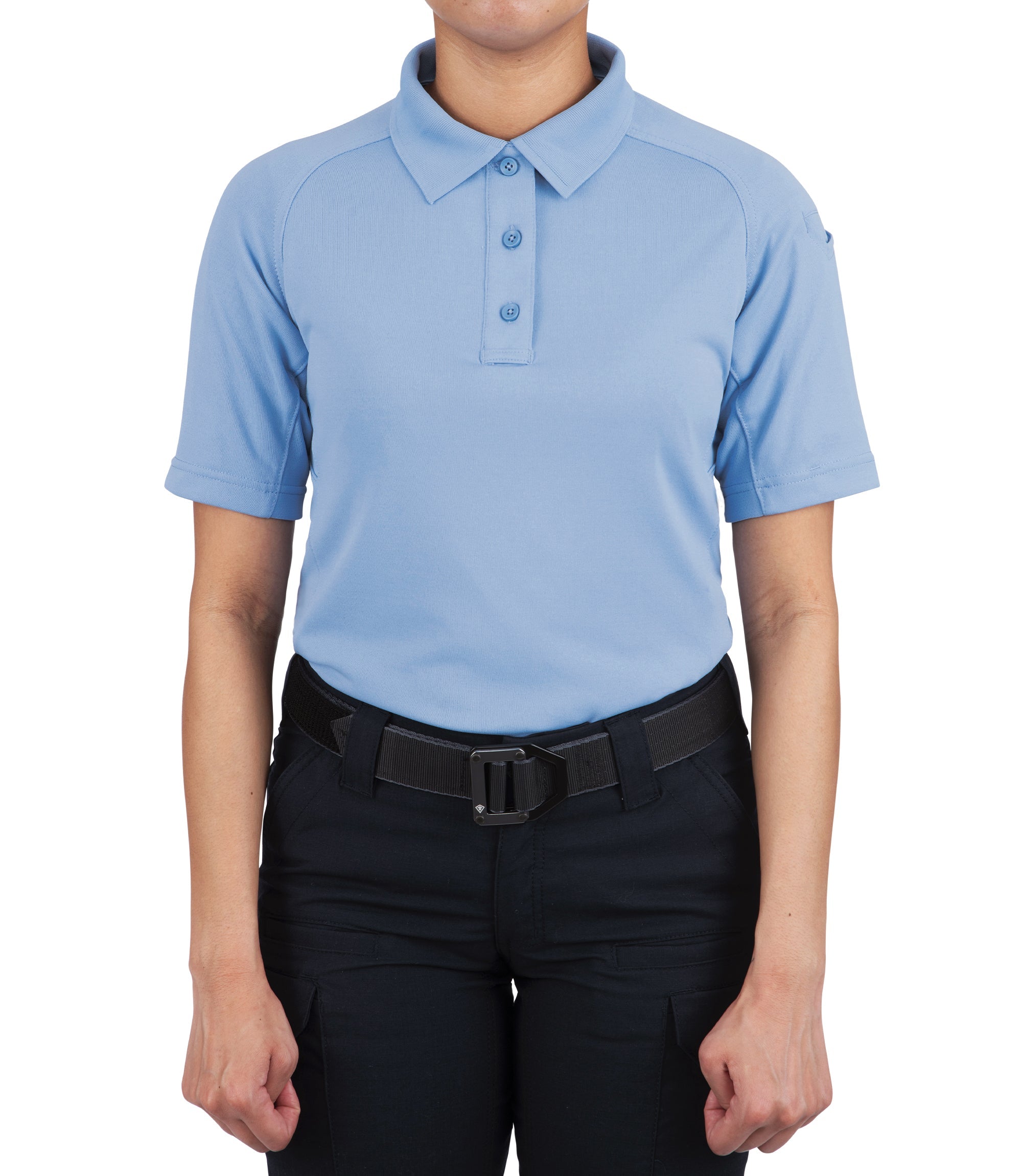 Front of Women's Performance Short Sleeve Polo in Medium Blue |color_medium blue