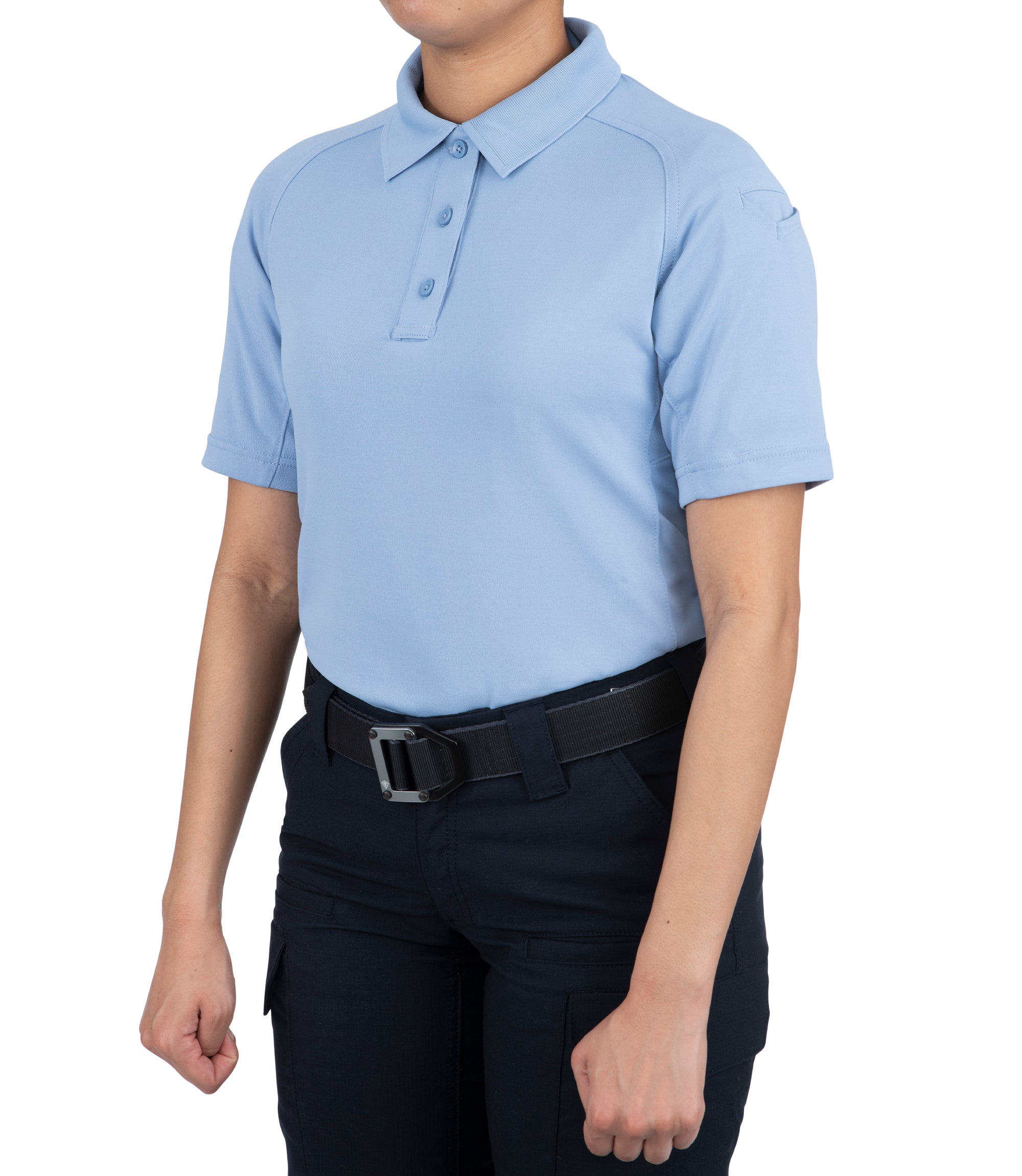 Side of Women's Performance Short Sleeve Polo in Medium Blue |color_medium blue