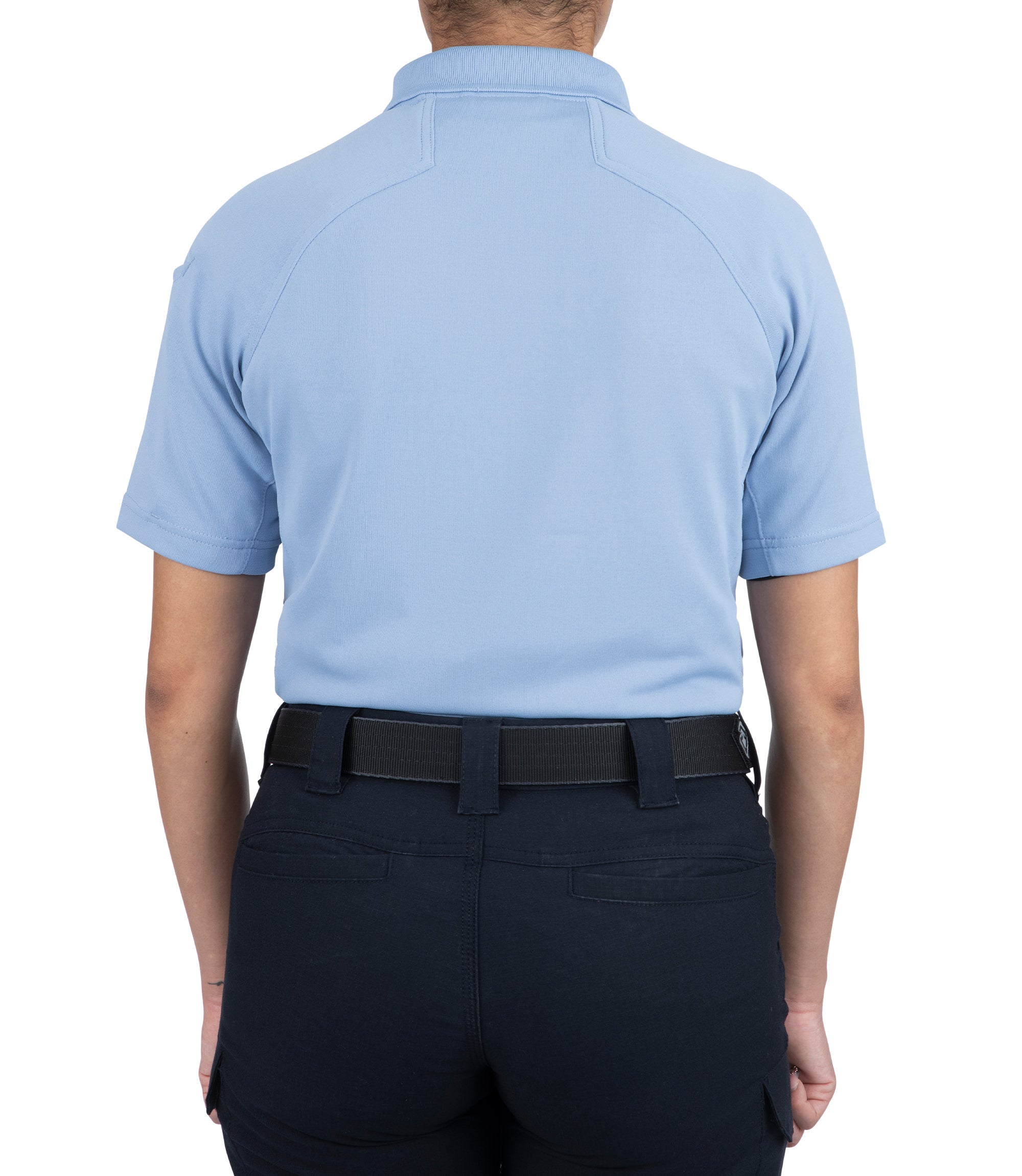 Back of Women's Performance Short Sleeve Polo in Medium Blue |color_medium blue