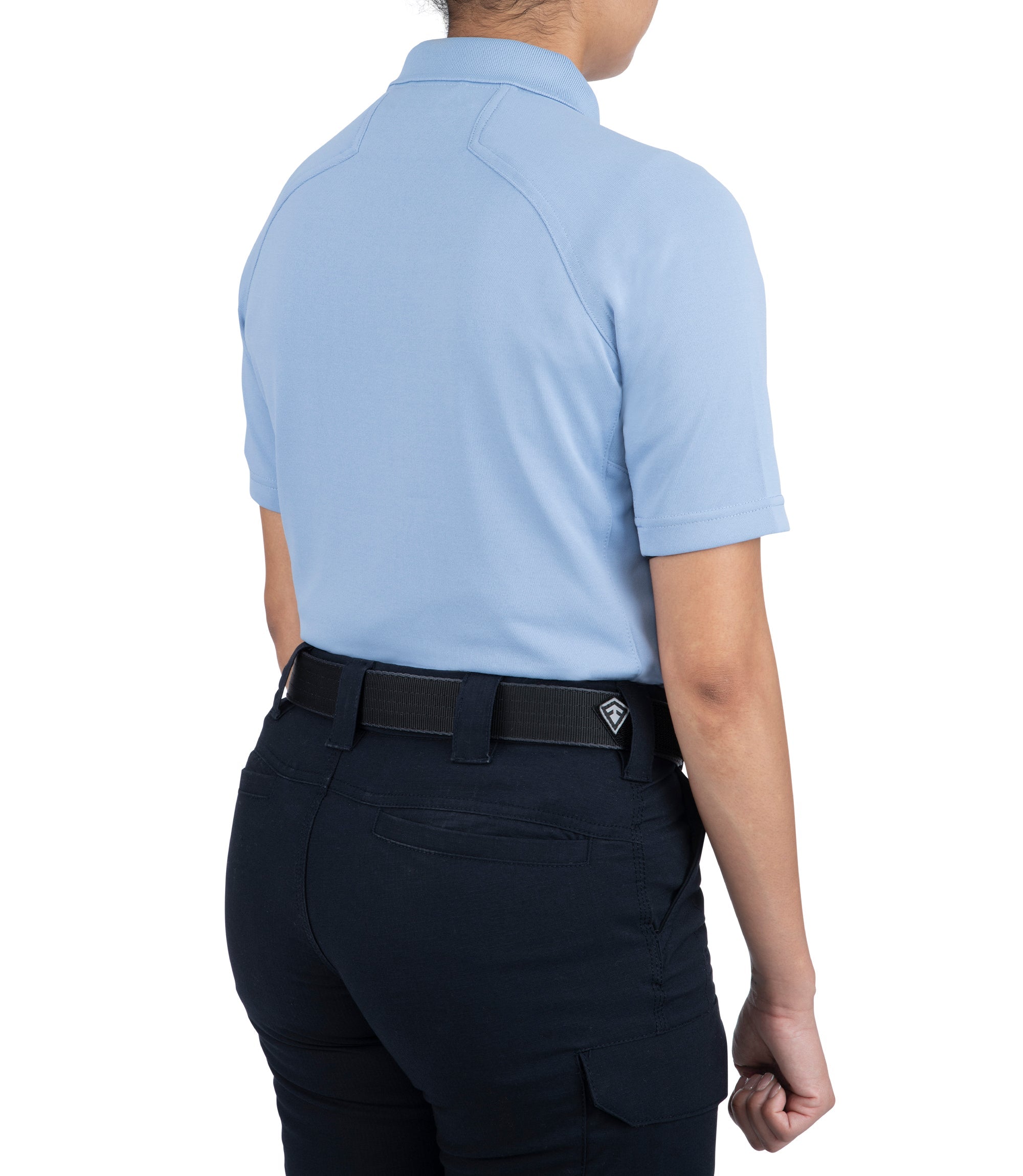 Side of Women's Performance Short Sleeve Polo in Medium Blue |color_medium blue