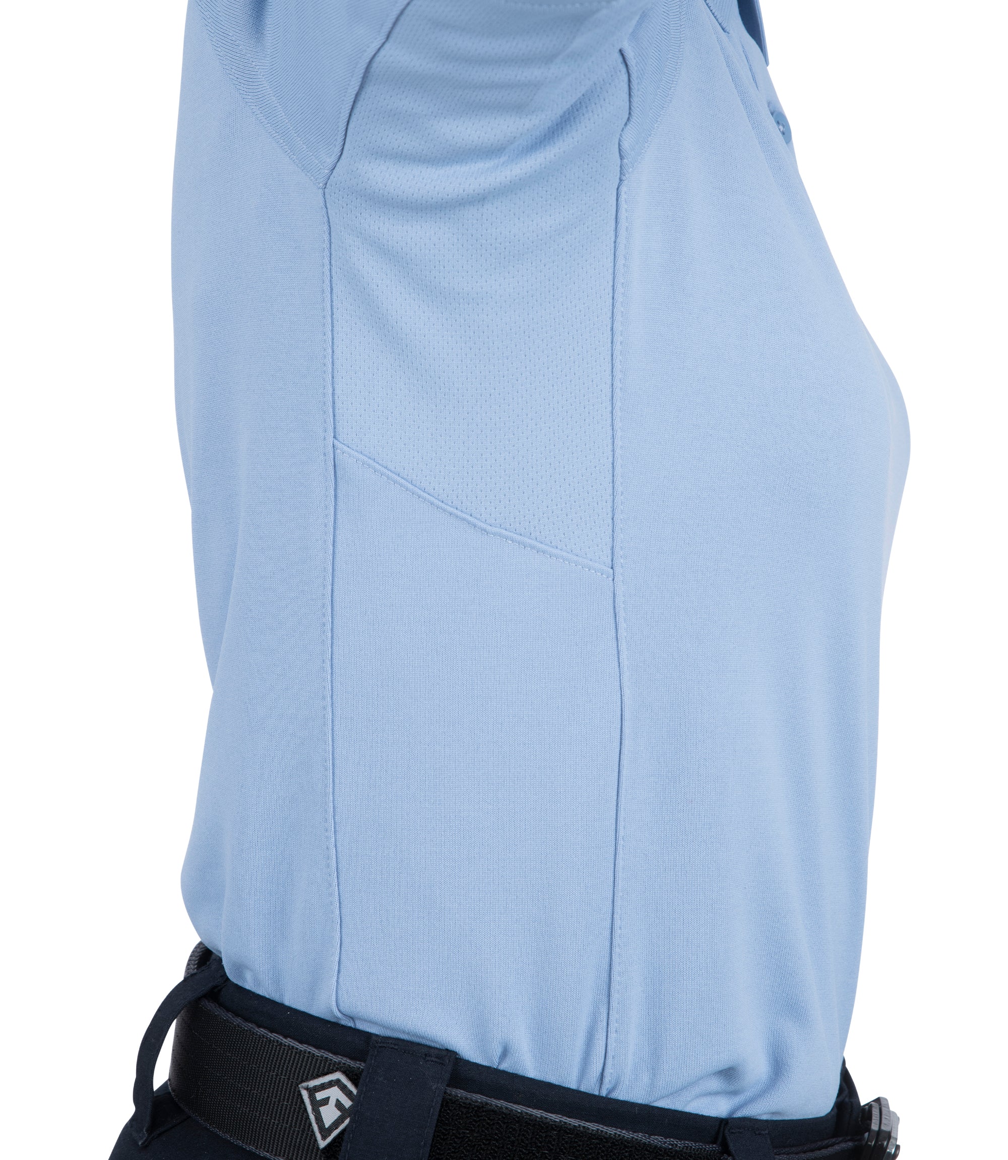 Side arm extended up of Women's Performance Short Sleeve Polo in Medium Blue |color_medium blue