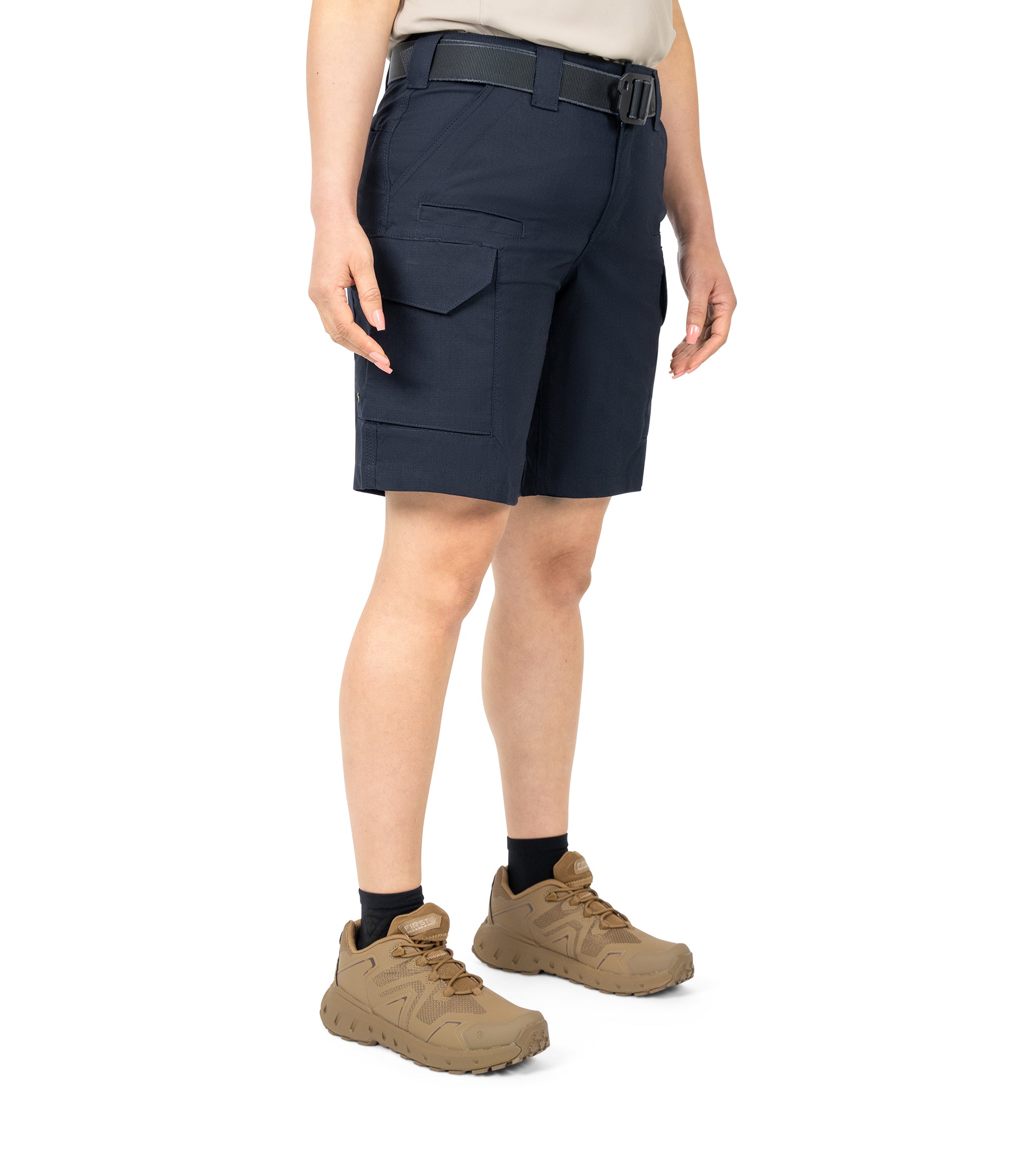 Front 1/4 Right side view of Women's V2 Short in midnight navy |color_midnight navy