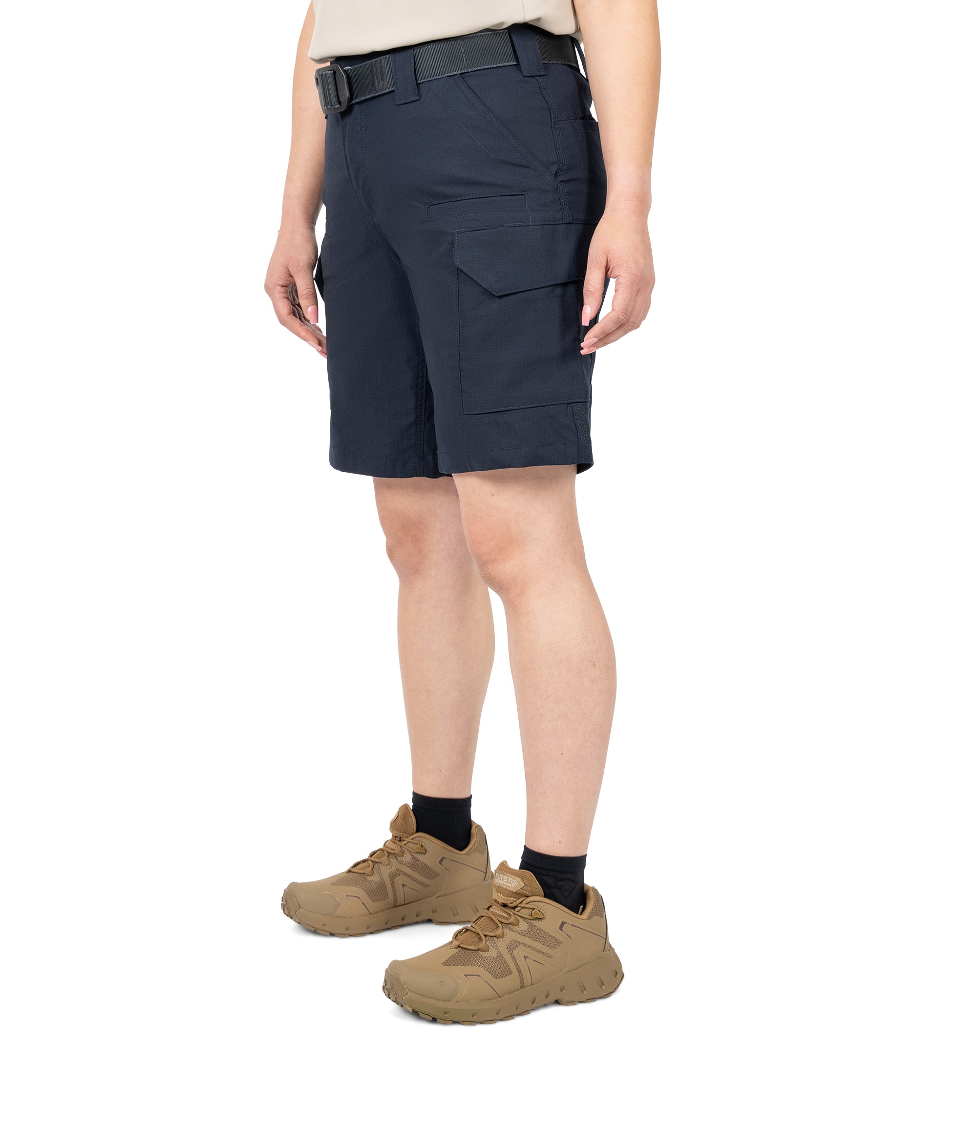 Front left 1/4 side view of Women's V2 Short in midnight navy|color_midnight navy