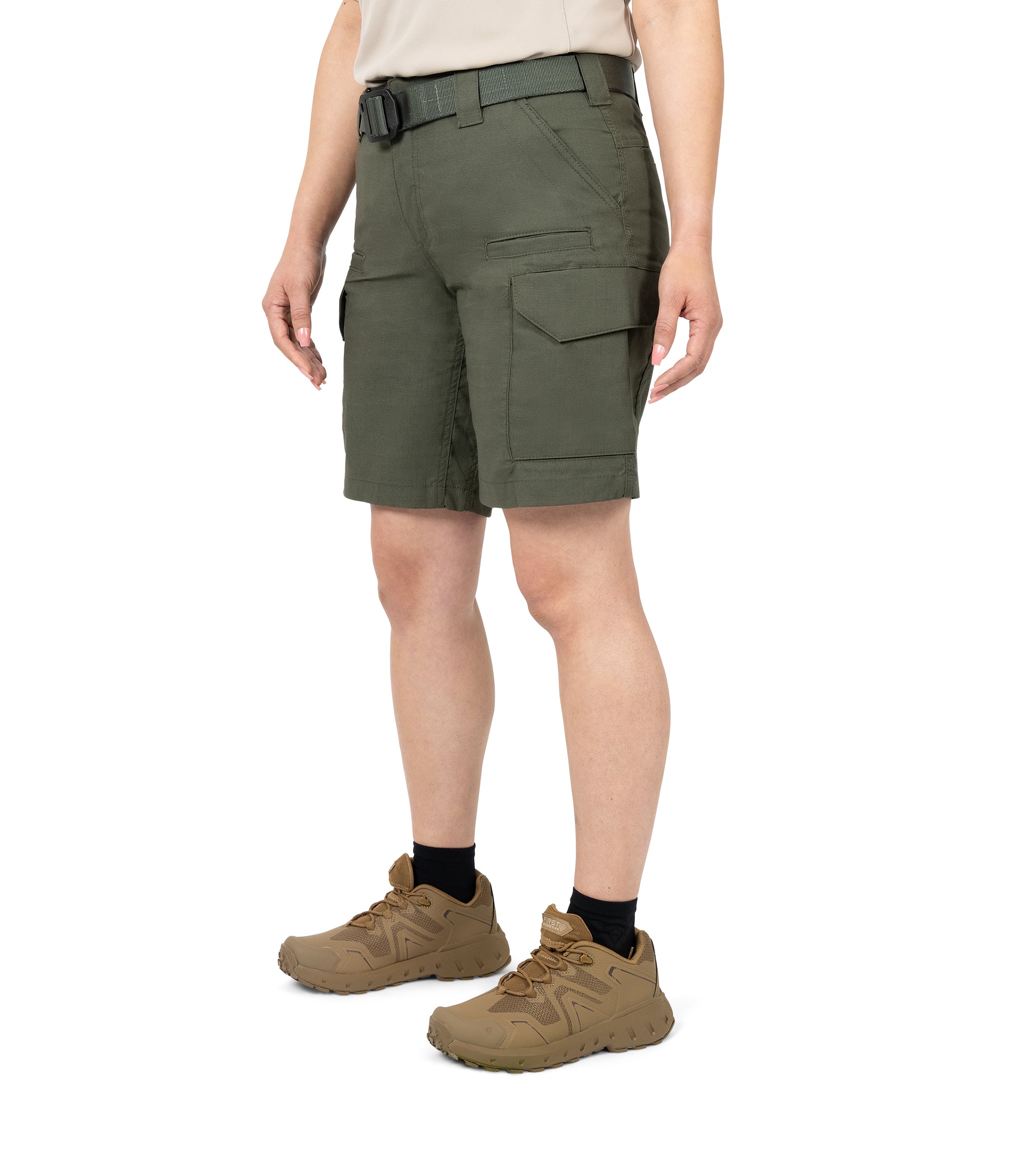 Front left 1/4 side view of Women's V2 Short in OD Green|color_OD Green