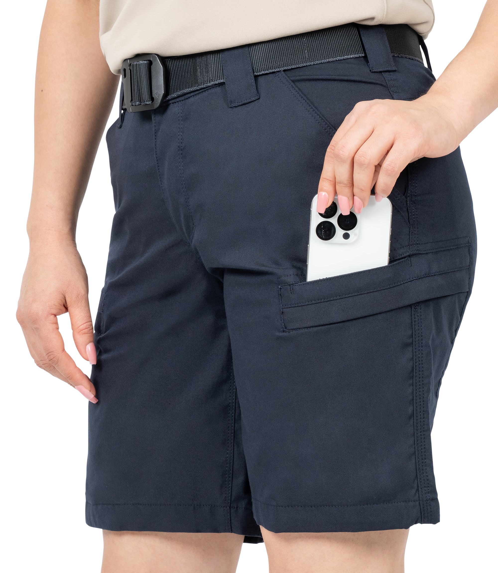 Close-up of cell phone entering side pocket |color_midnight navy