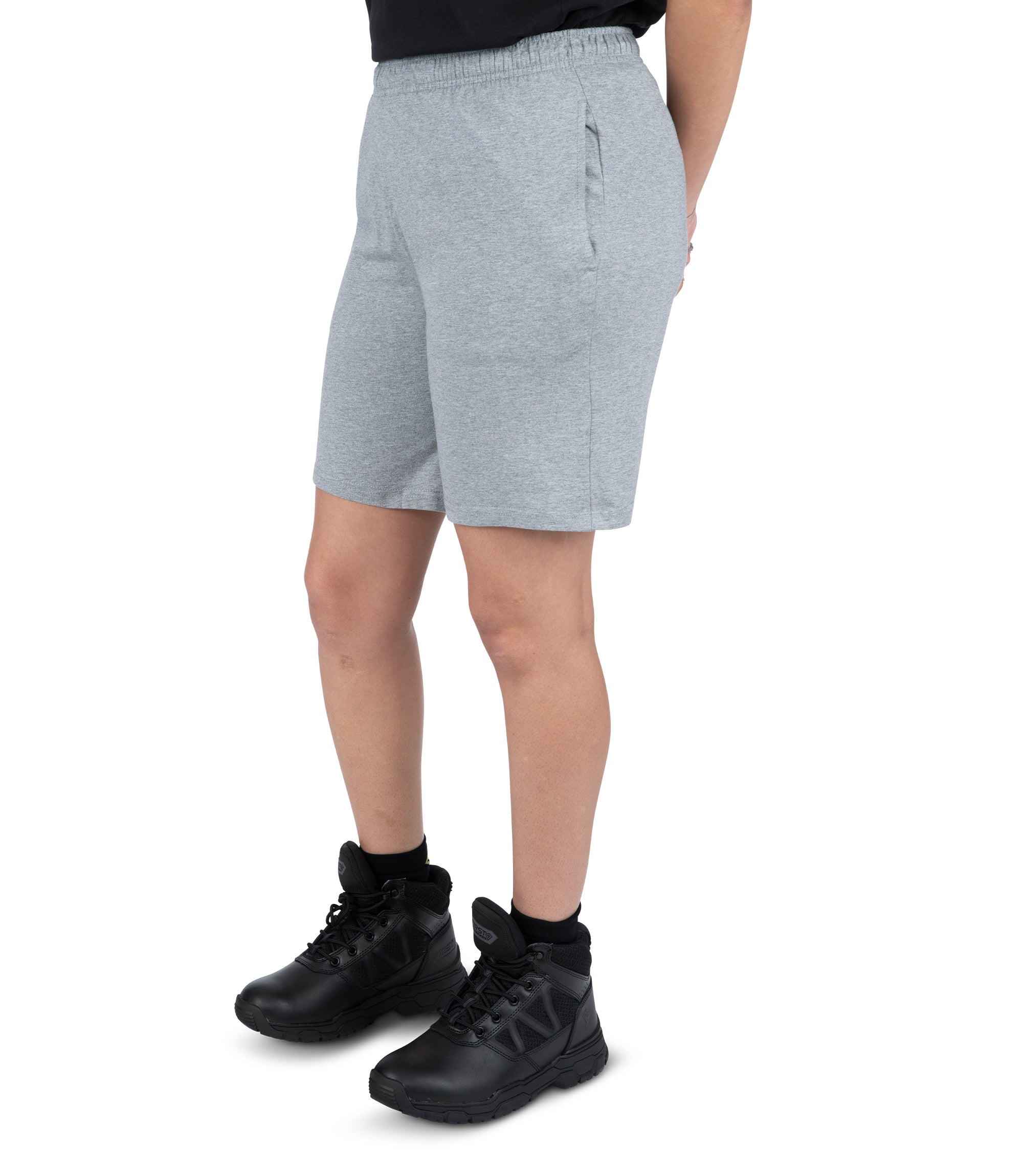 Left front side view of Women's Tactix PT Cotton Training Short in Heather Grey|color_heather grey