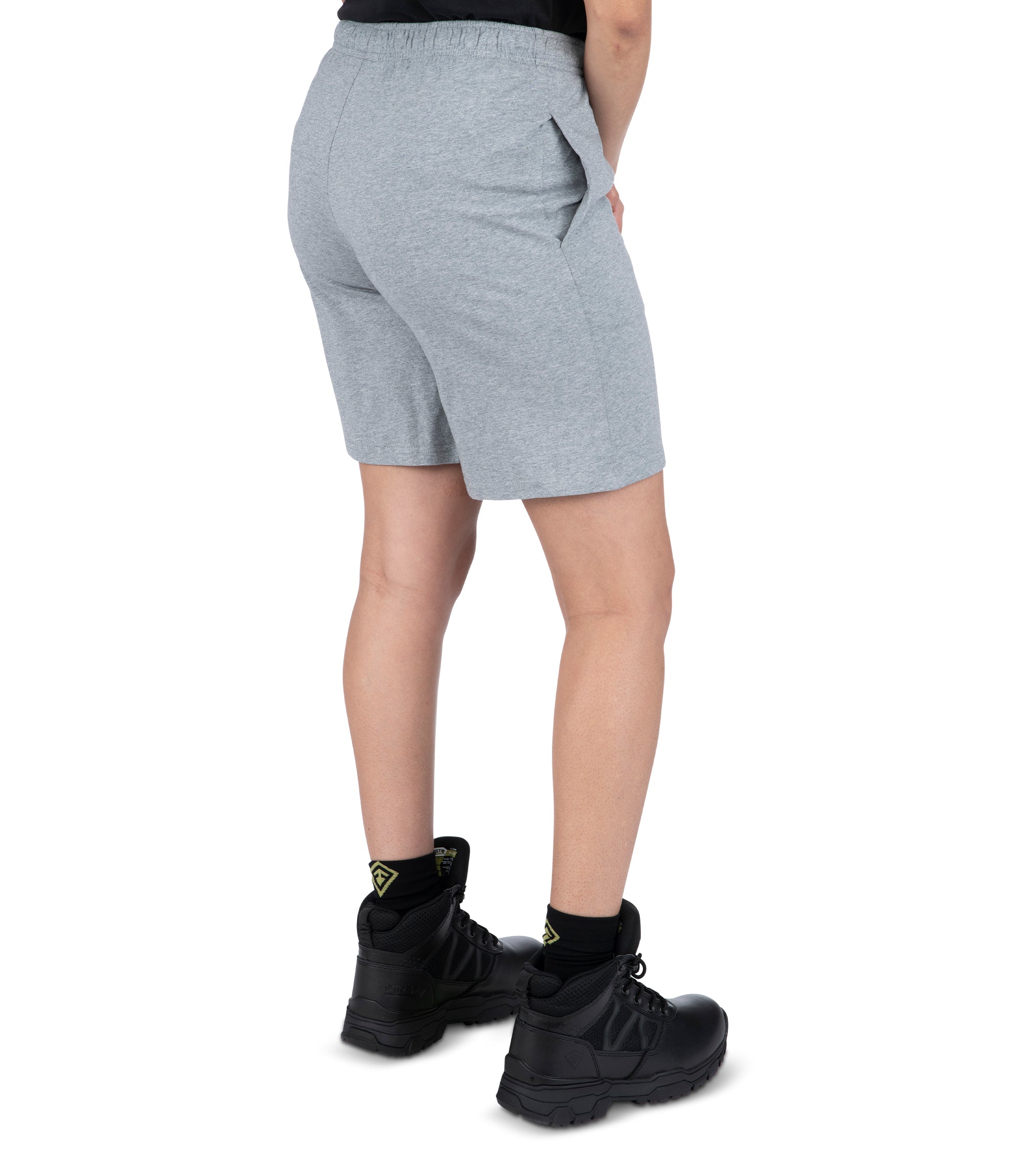 Right back side view of Women's Tactix PT Cotton Training Short in Heather Grey|color_heather grey