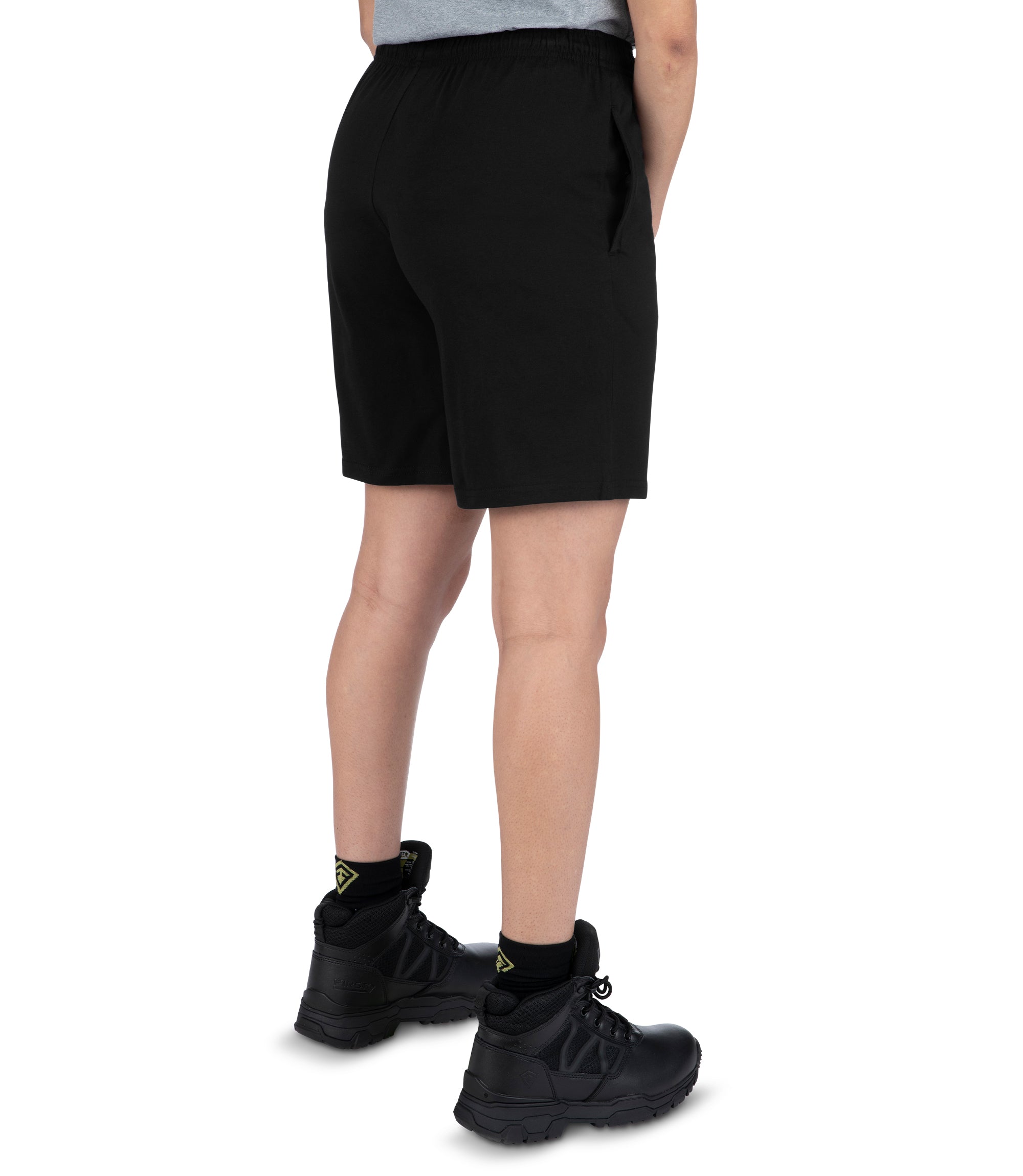 Right back side view of Women's Tactix PT Cotton Training Short in Black|color_black