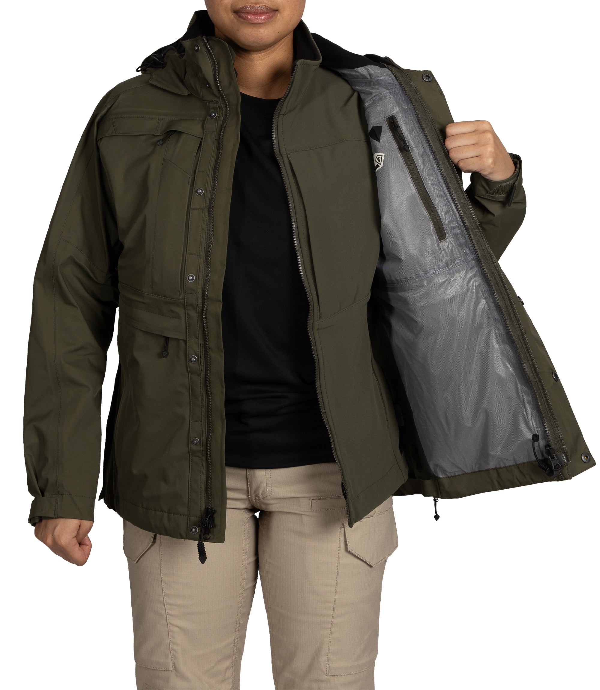 Interior pocket system parka and softshell jacket zipper in OD Green|color_od green