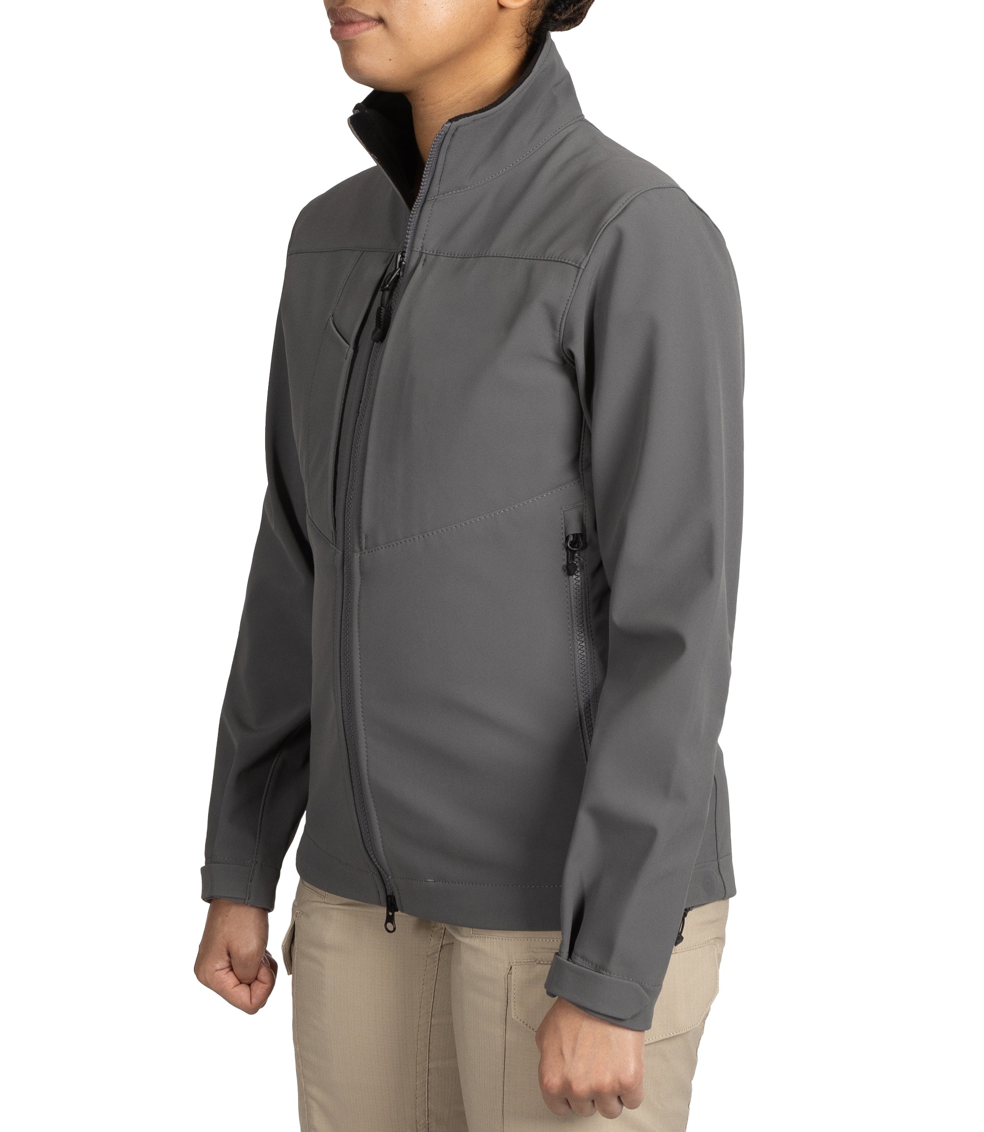 Left front side view of Women’s Tactix Softshell Jacket in Wolf Grey|color_wolf grey