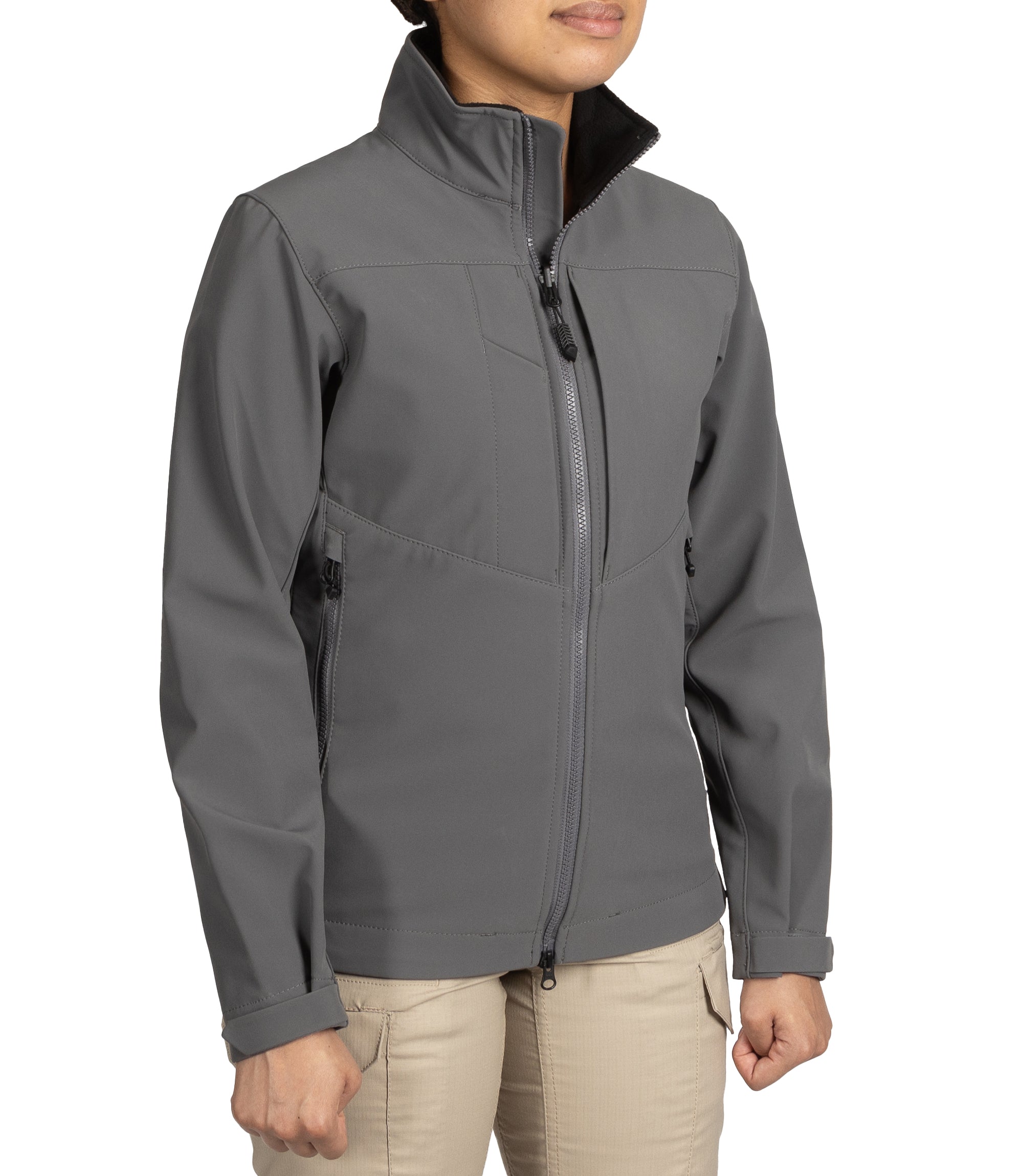 Right front side view of Women’s Tactix Softshell Jacket in Wolf Grey|color_wolf grey