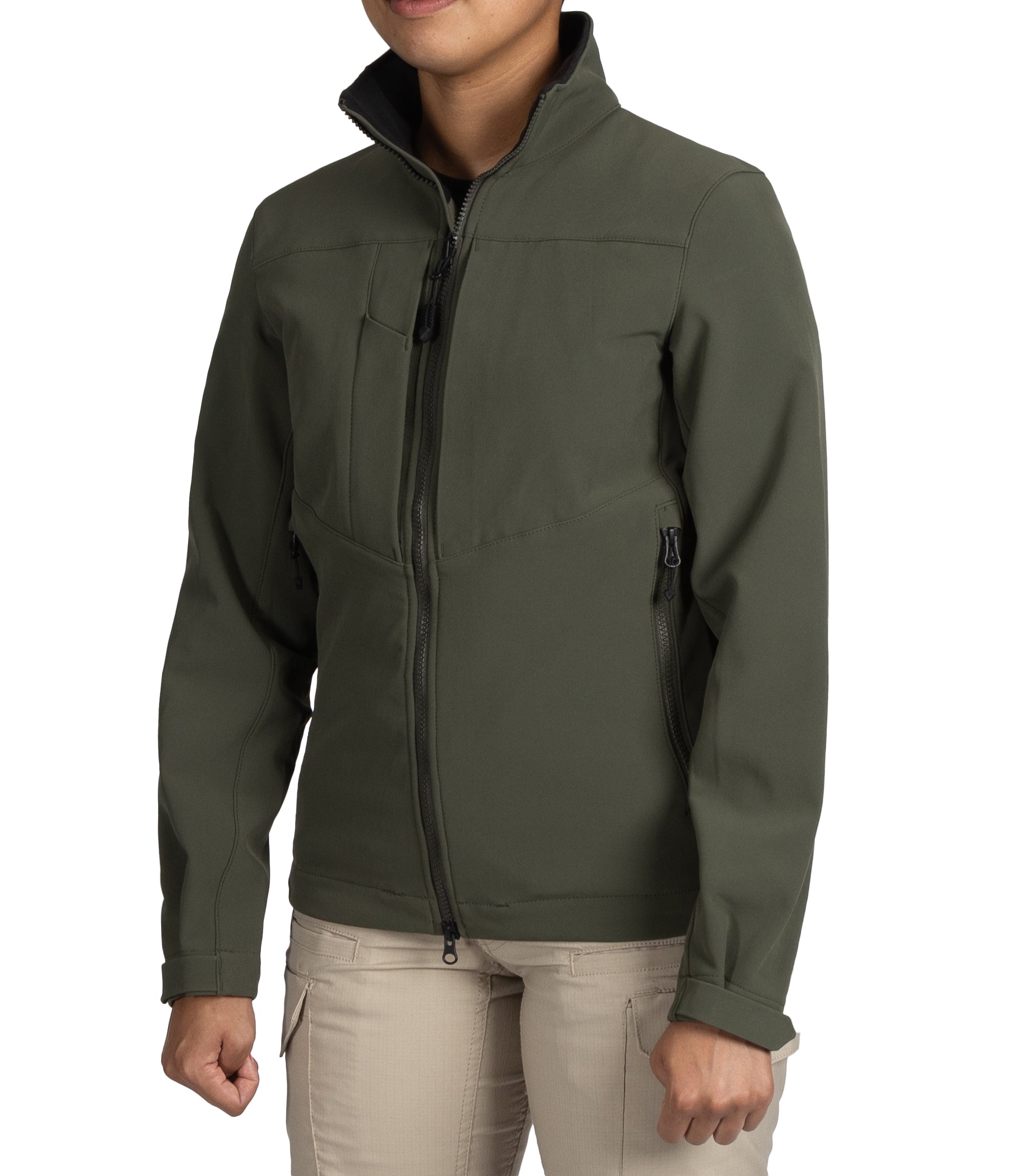 Left front side view of Women’s Tactix Softshell Jacket in OD Green|color_od green